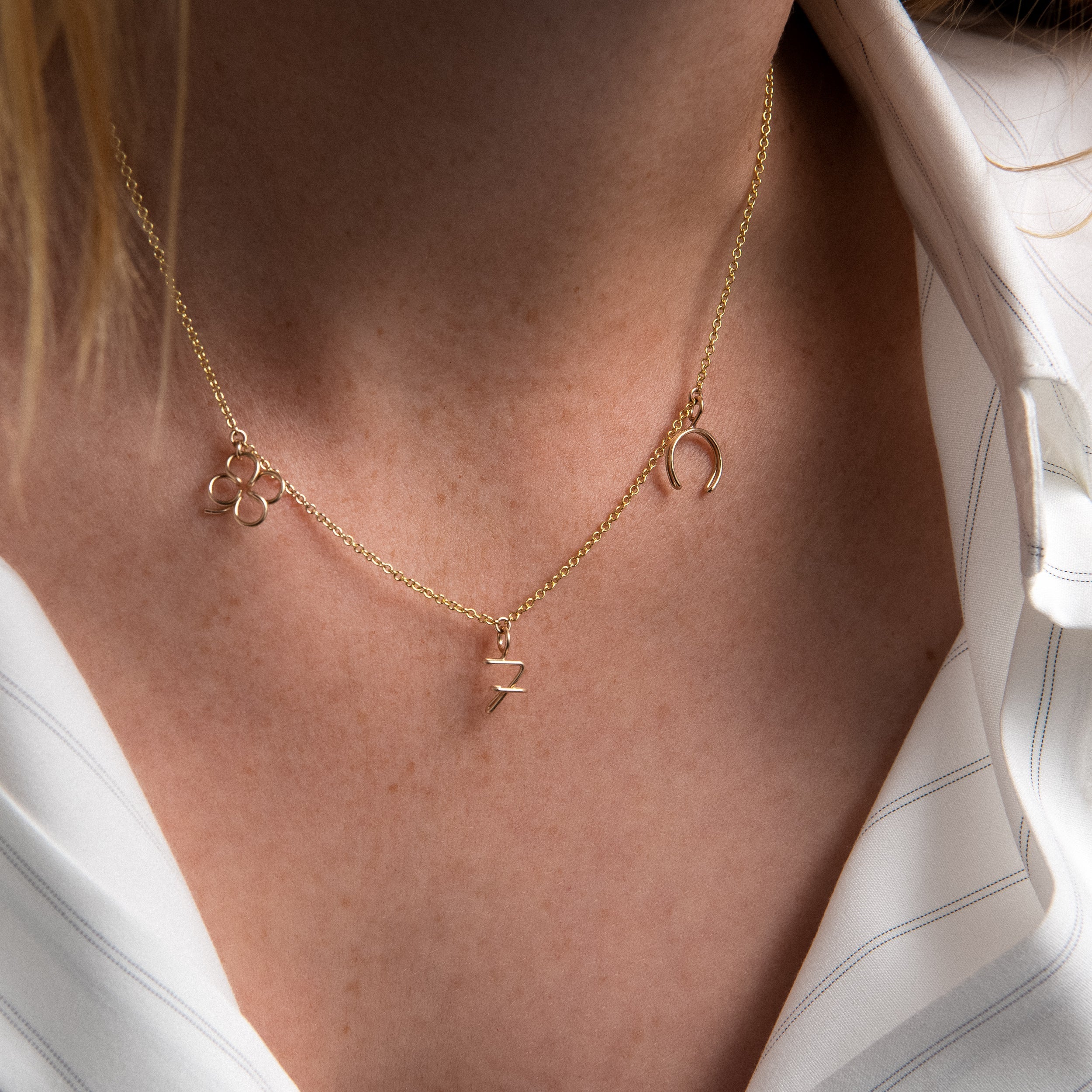 Charms Necklace Wish Me Luck 14k yellow gold-filled worn on neck Atelier Paulin Australia