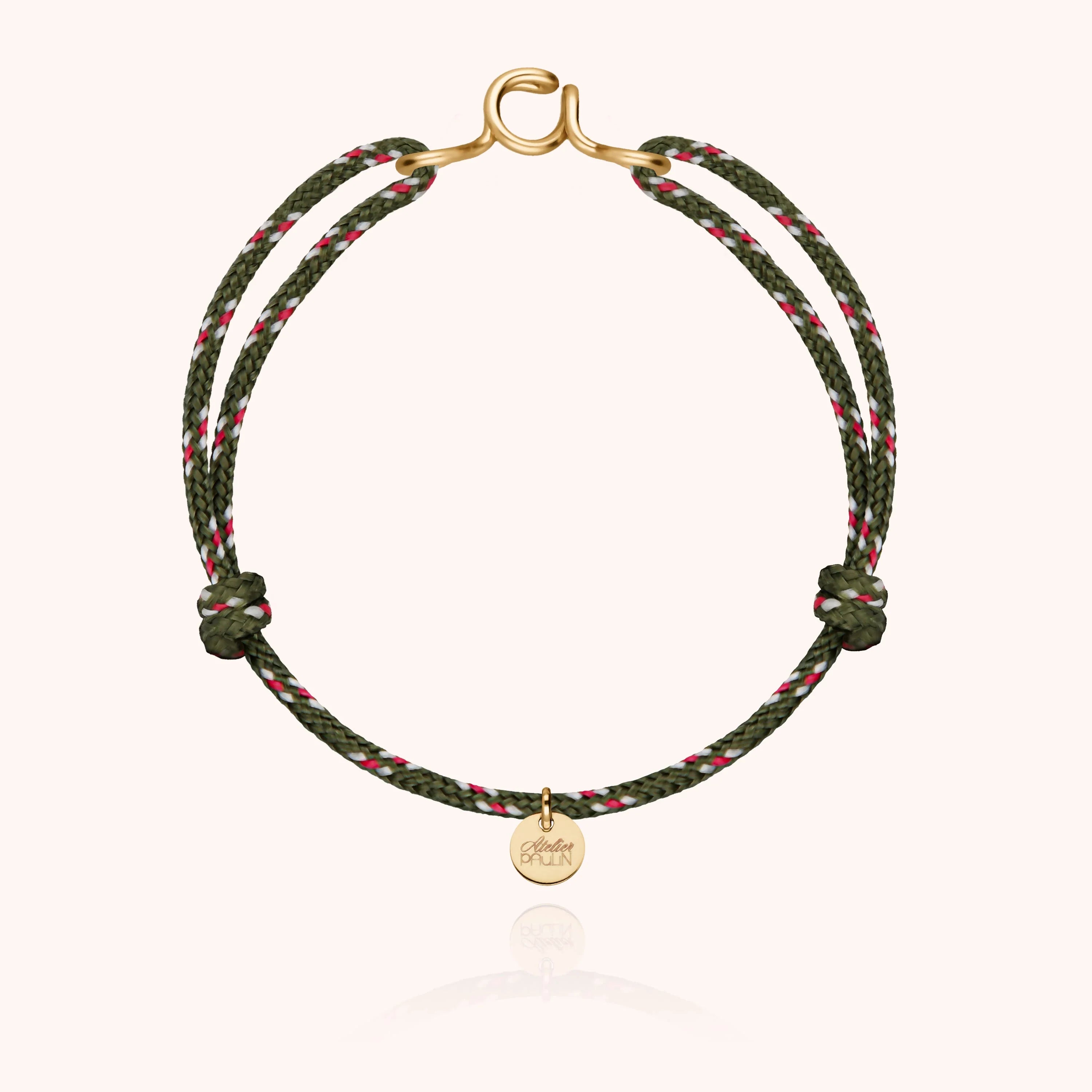Cord bracelet for men. Personalised gold jewellery handcrafted in Paris by Atelier Paulin in 14K yellow gold-filled --colour_knot khaki