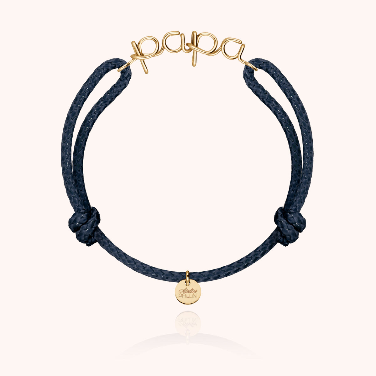 Papa cord bracelet for men. Men's jewellery handcrafted in Paris by Atelier Paulin in 14k yellow gold-filled --colour_navy blue