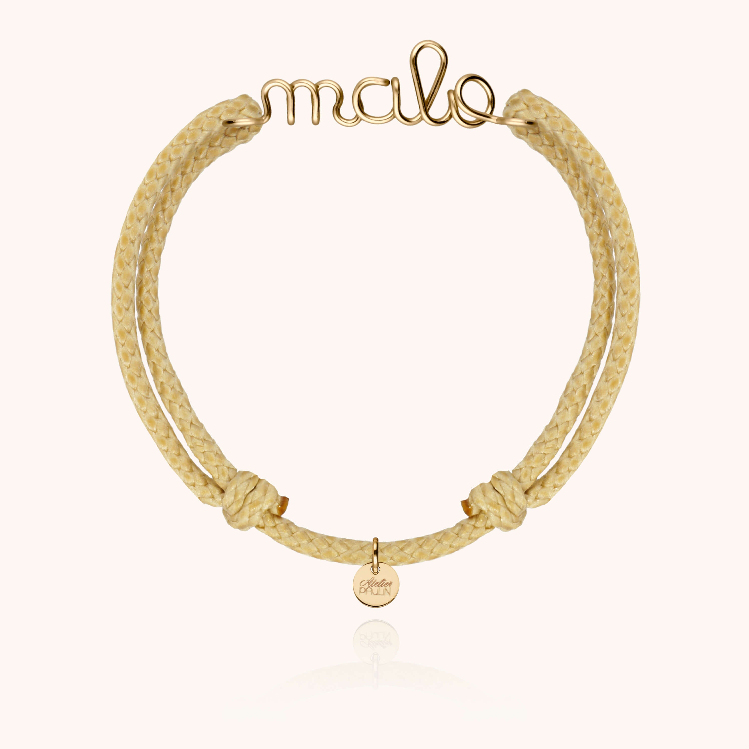 Waxed cord bracelet for men. Personalised gold name jewellery handcrafted in Paris by Atelier Paulin in 14K yellow gold-filled --colour_nude
