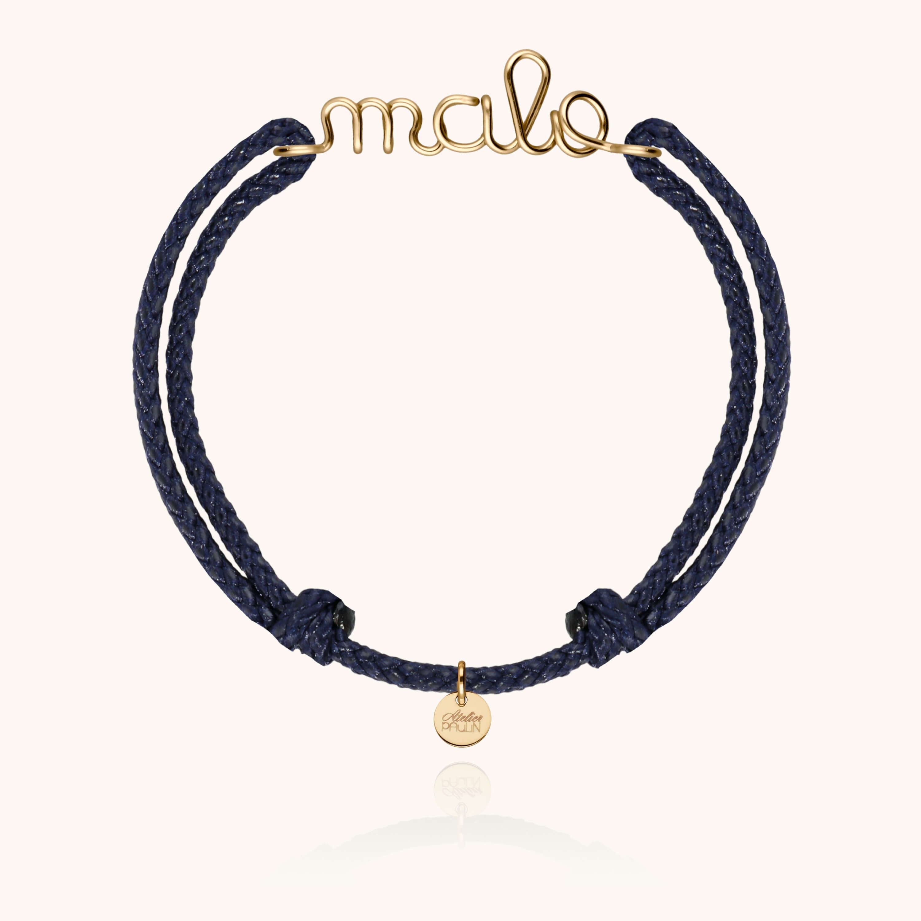 Waxed cord bracelet for men. Personalised gold name jewellery handcrafted in Paris by Atelier Paulin in 14K yellow gold-filled --colour_navy blue