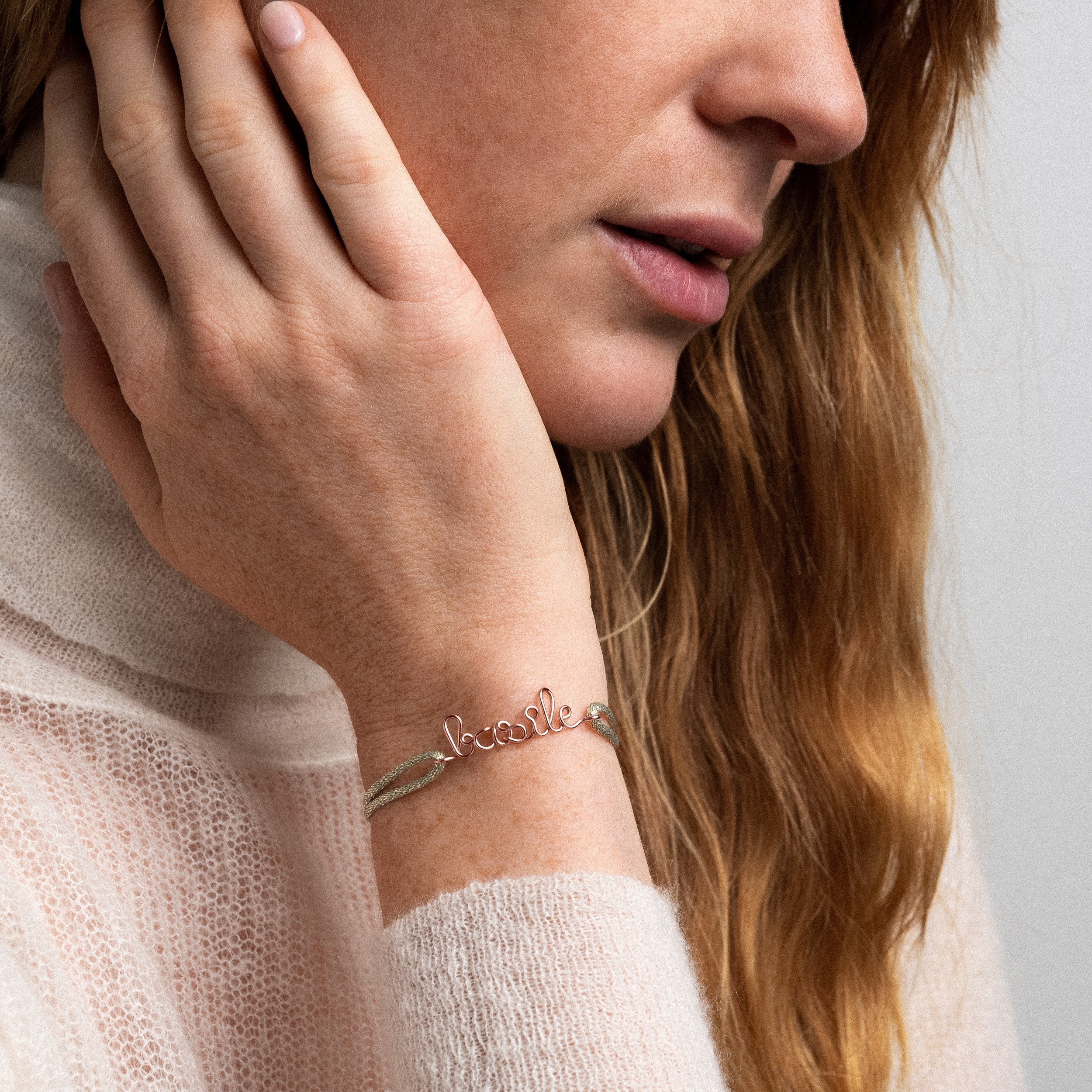 personalised lurex pink cord bracelet name worn on wrist rose gold Atelier Paulin Australia