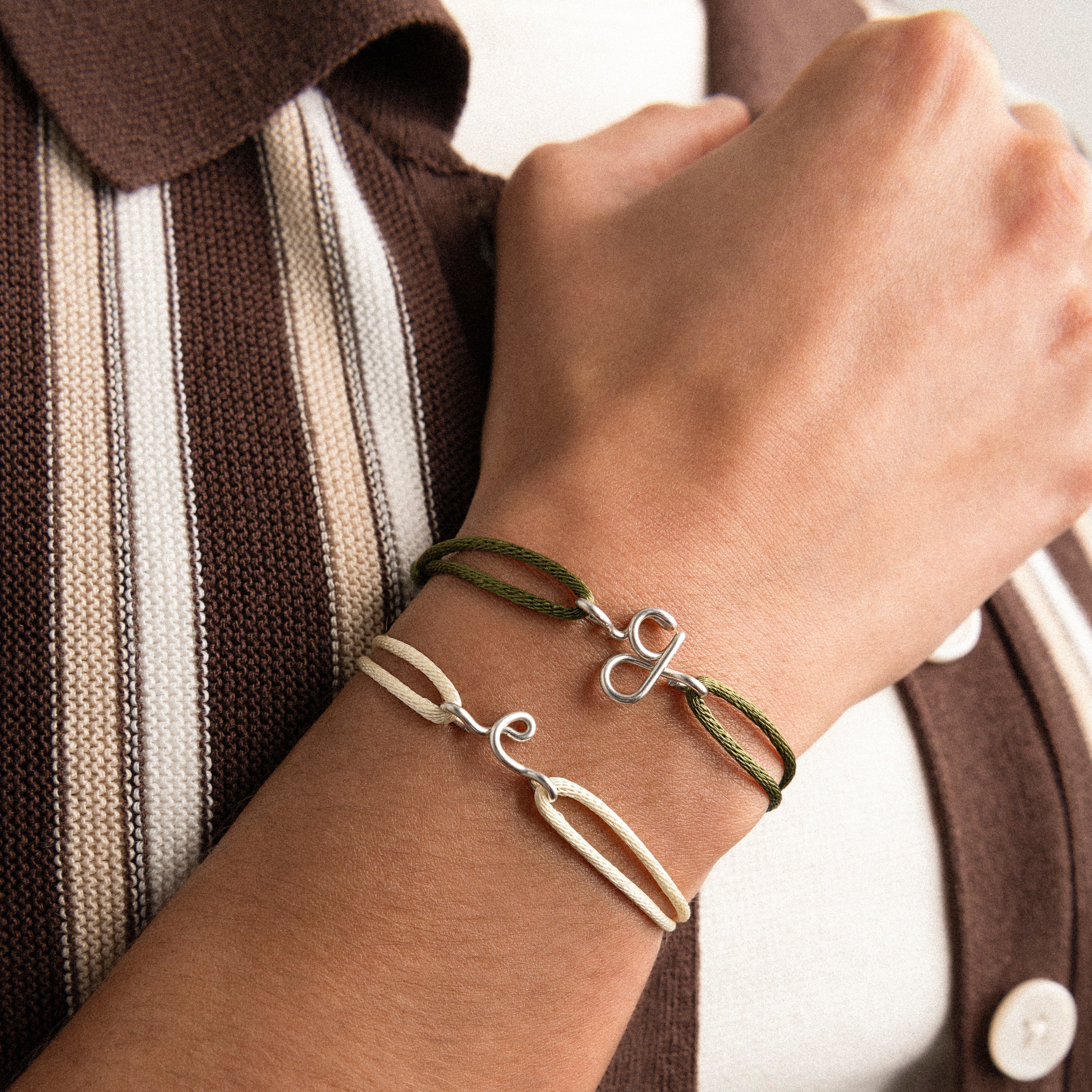 Original cord bracelet Initial letter worn on wrist silver handmade Atelier Paulin Australia