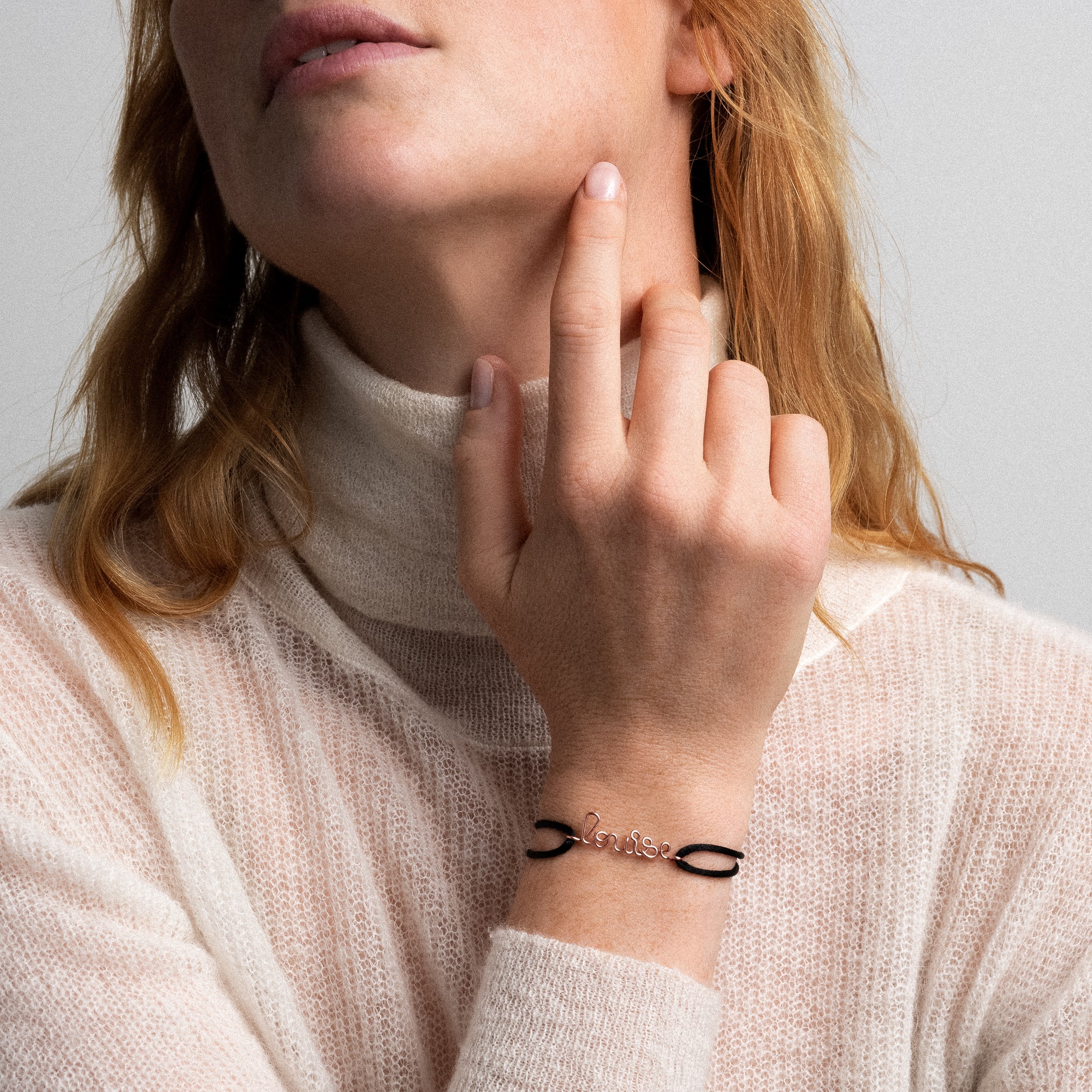 green cord bracelet personalised name worn on wrist rose gold Atelier Paulin Australia