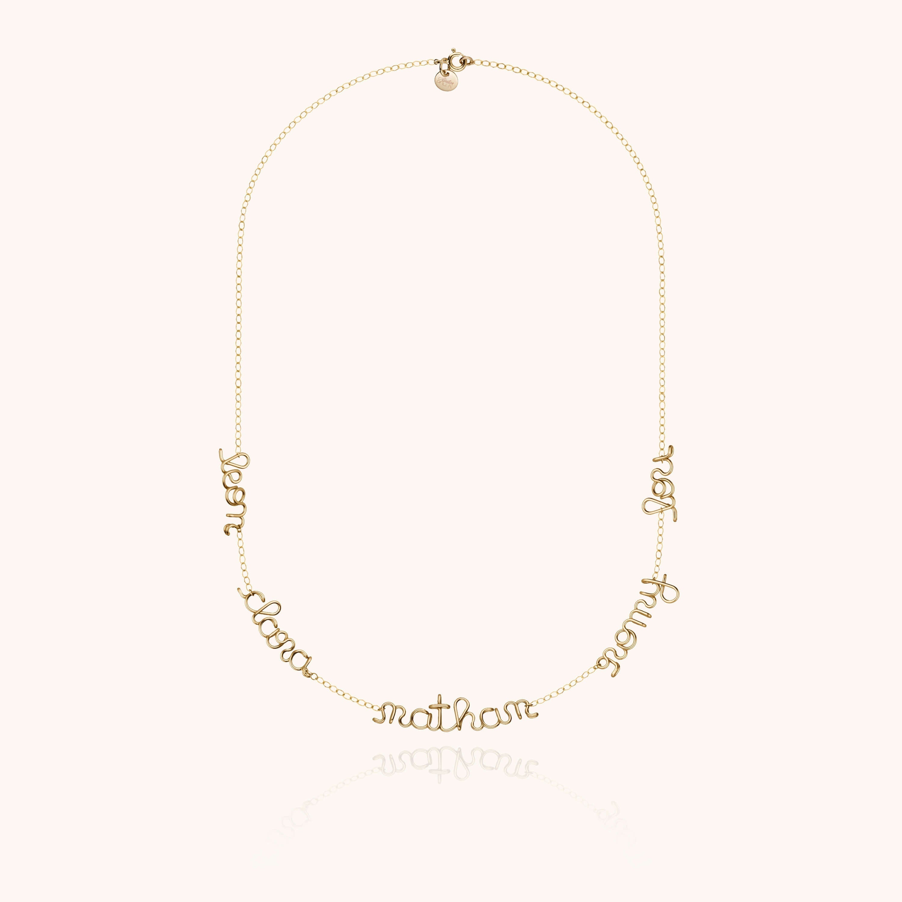 Mantra necklace multiple names words personalised on chain 14k yellow gold-filled handcrafted