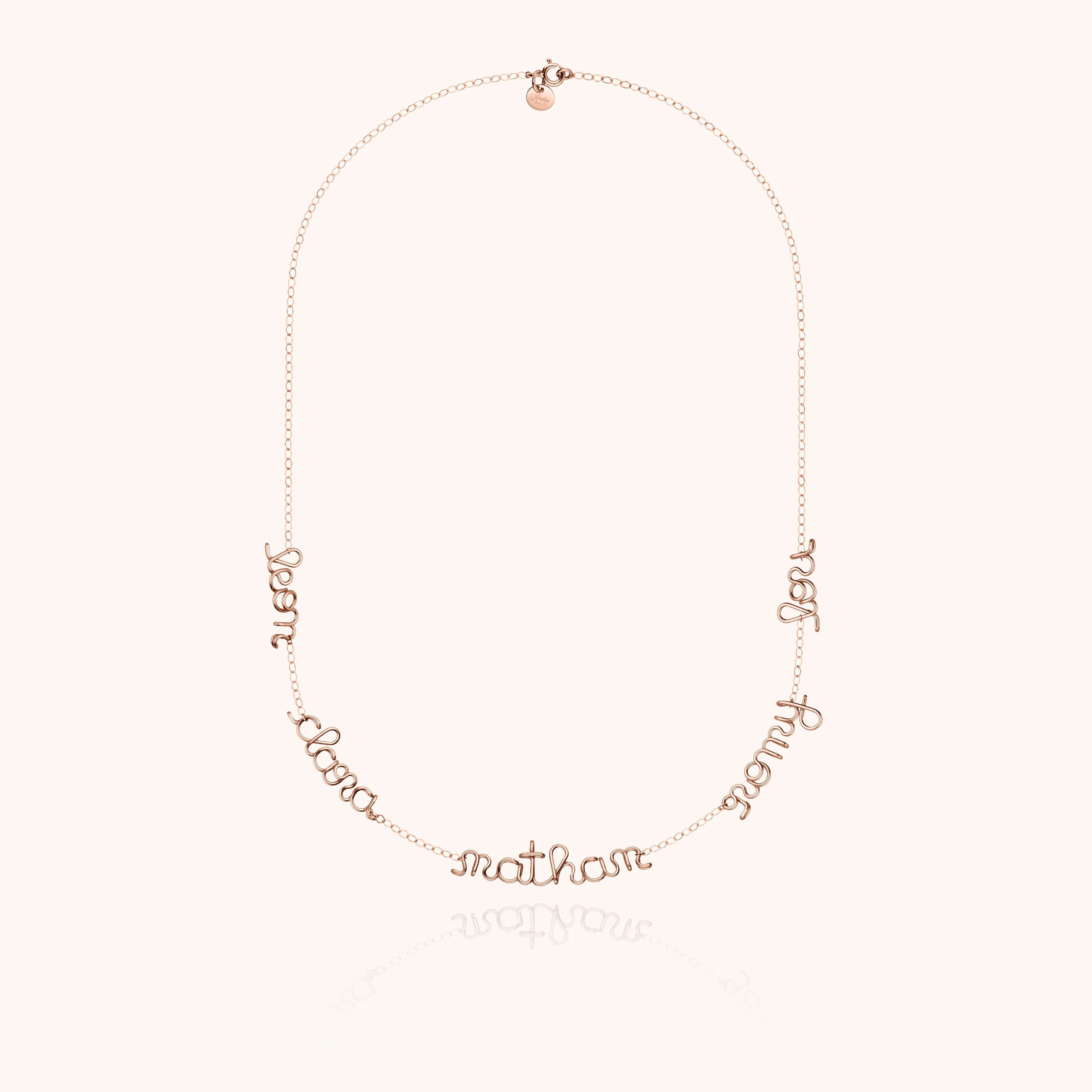 Mantra necklace multiple names words personalised on chain 14k rose gold-filled handcrafted