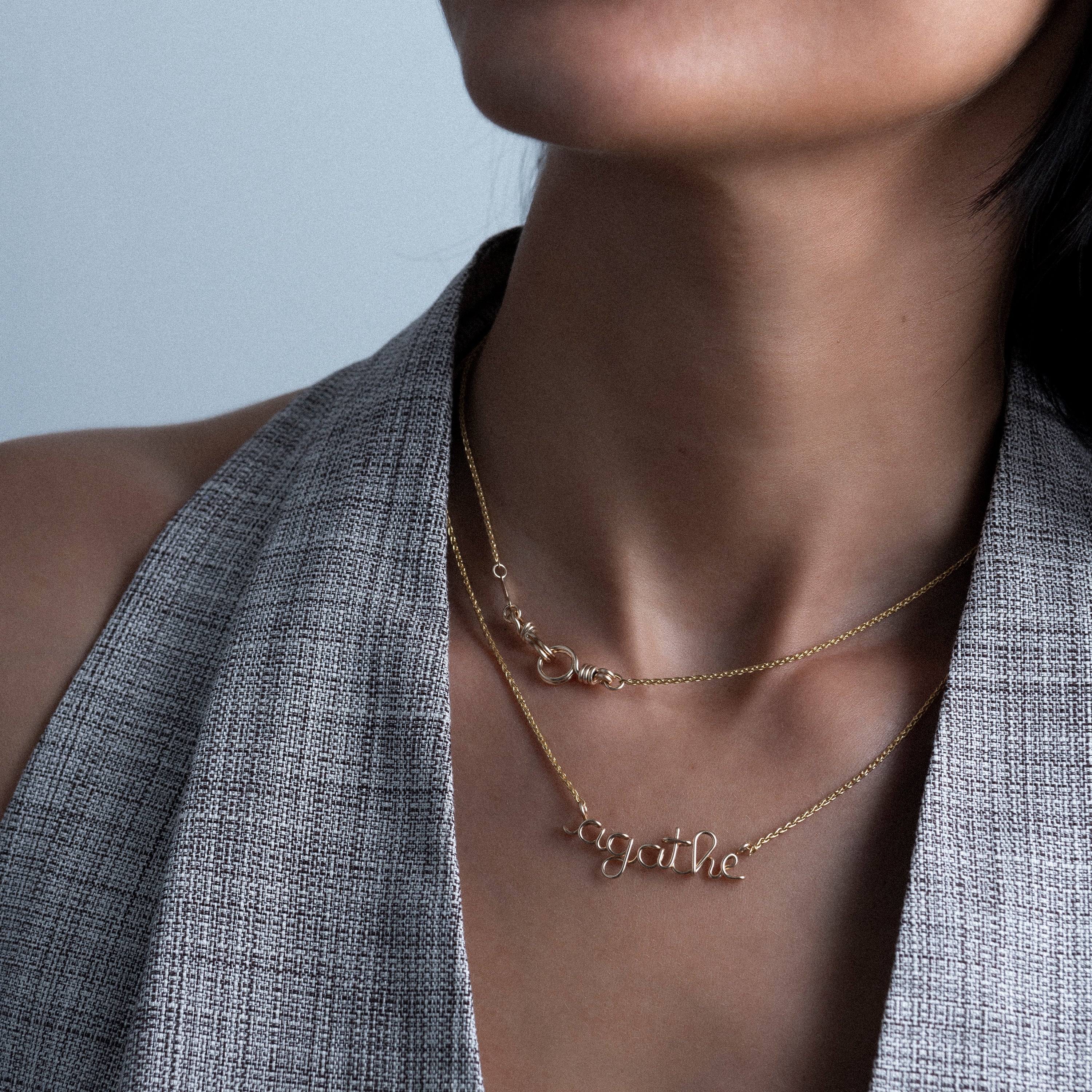 Richelieu rope chain Necklace with name personalisation 14k yellow gold worn on neck Atelier Paulin Australia