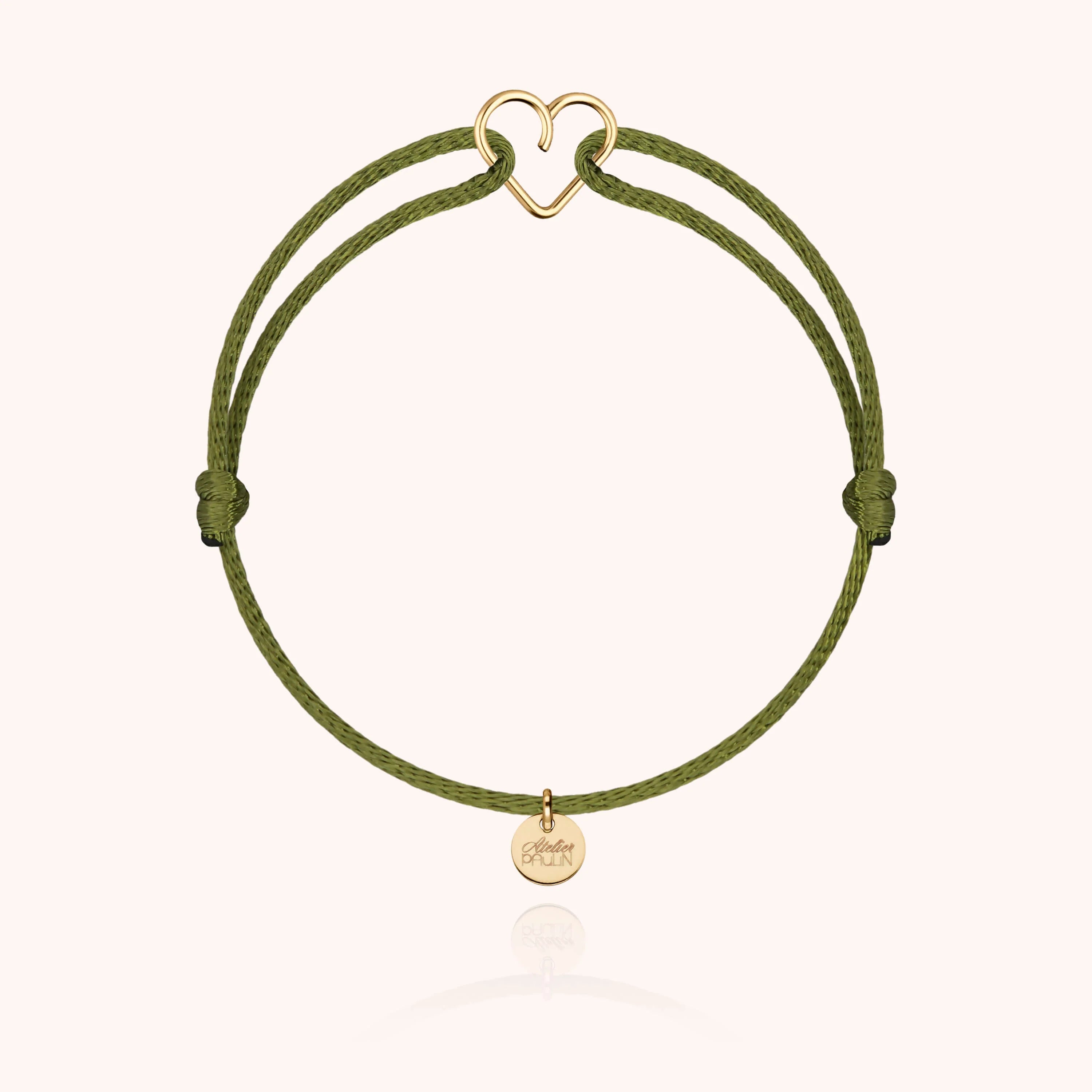 Mini heart shaped cord bracelet kids 14k yellow gold-filled atelier paulin --khaki