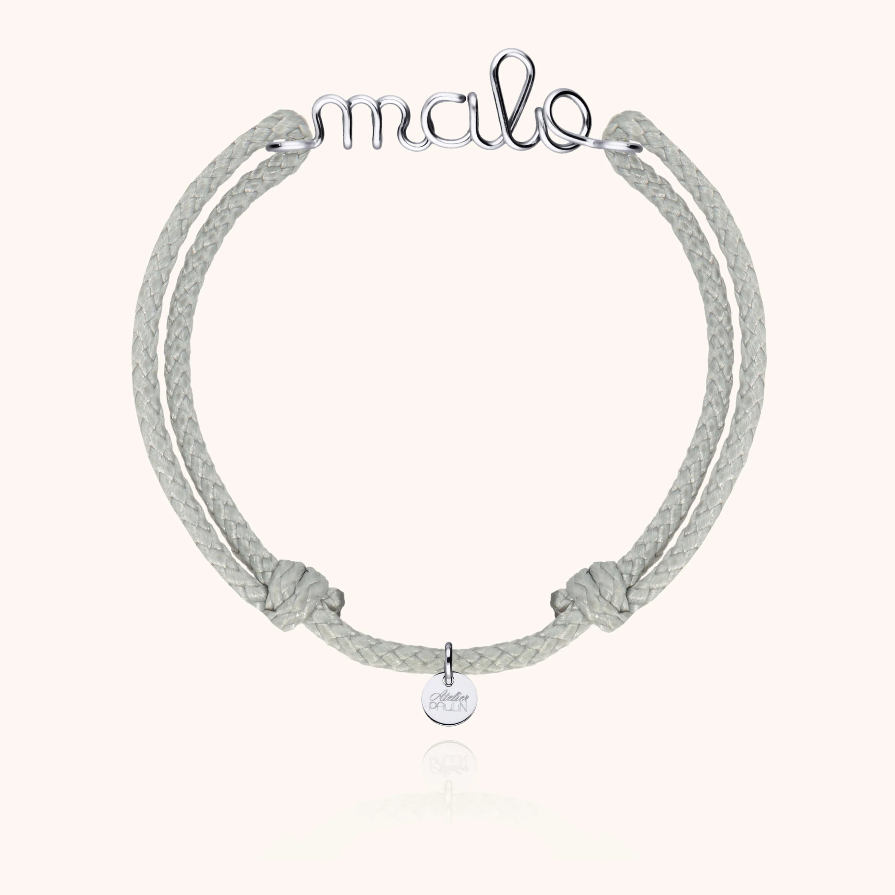 Waxed cord bracelet for men. Personalised gold name jewellery handcrafted in Paris by Atelier Paulin in sterling silver --colour_grey