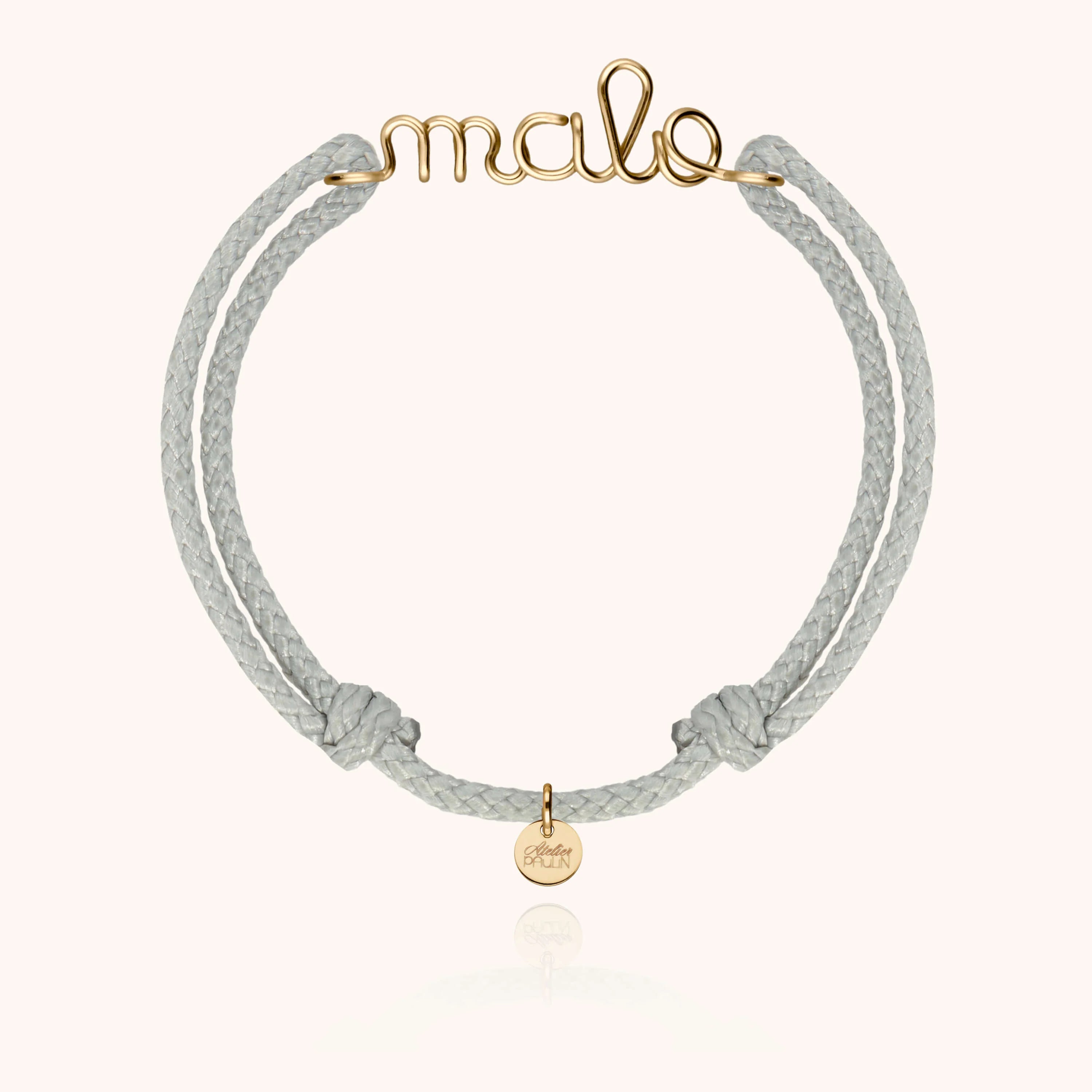 Waxed cord bracelet for men. Personalised gold name jewellery handcrafted in Paris by Atelier Paulin in 14K yellow gold-filled --colour_grey