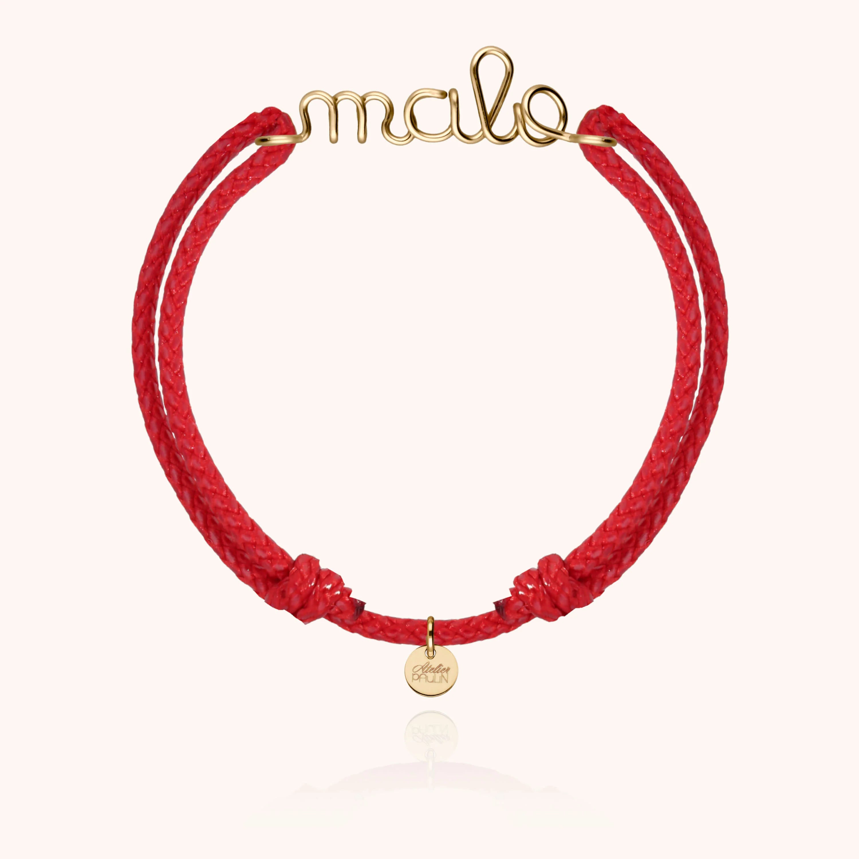 Waxed cord bracelet for men. Personalised gold name jewellery handcrafted in Paris by Atelier Paulin in 14K yellow gold-filled --colour_red