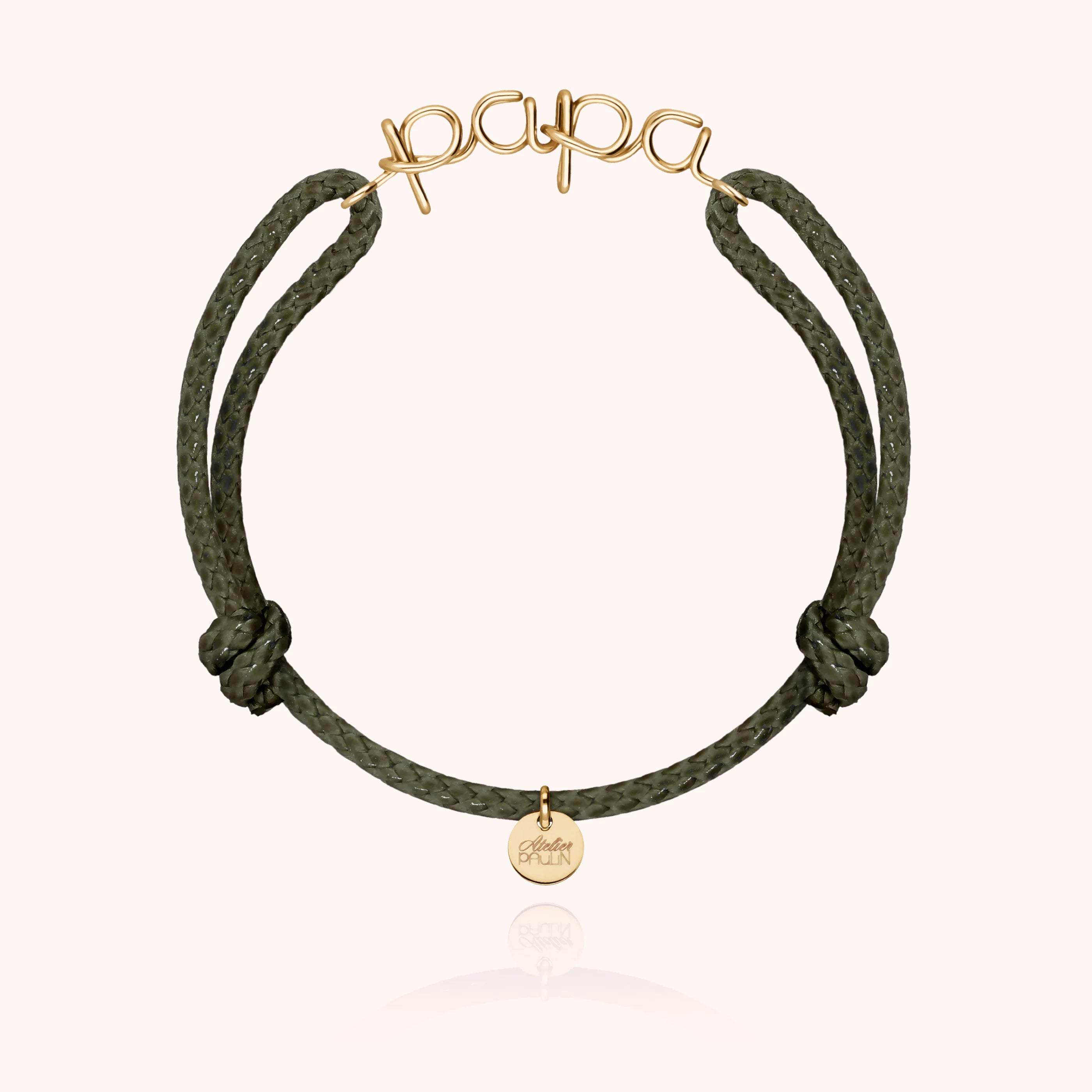Papa cord bracelet for men. Men's jewellery handcrafted in Paris by Atelier Paulin in 14k yellow gold-filled --colour_khaki