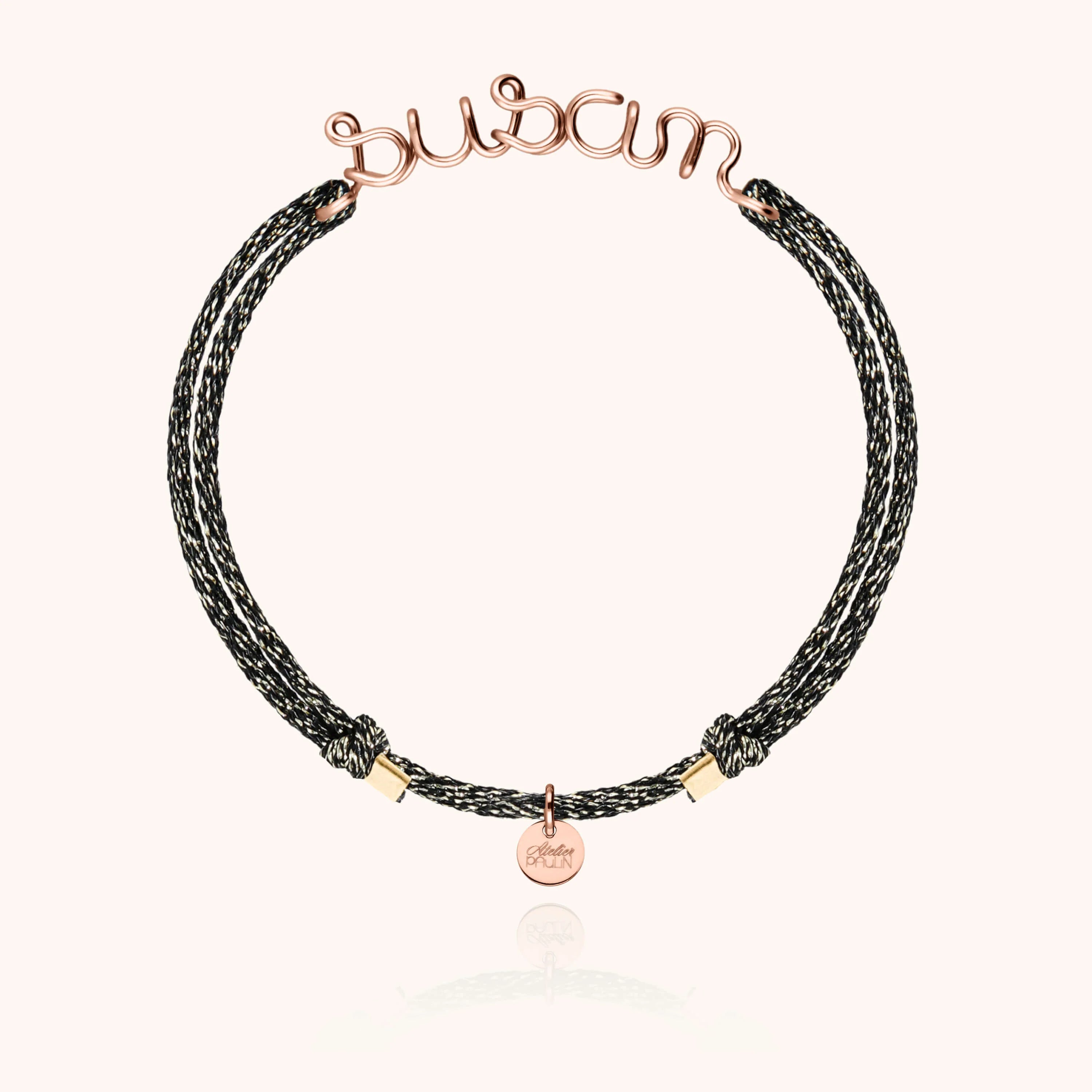 Lurex cord bracelet personalised name 14k rose gold-filled Atelier Paulin Australia --colour_midnight black