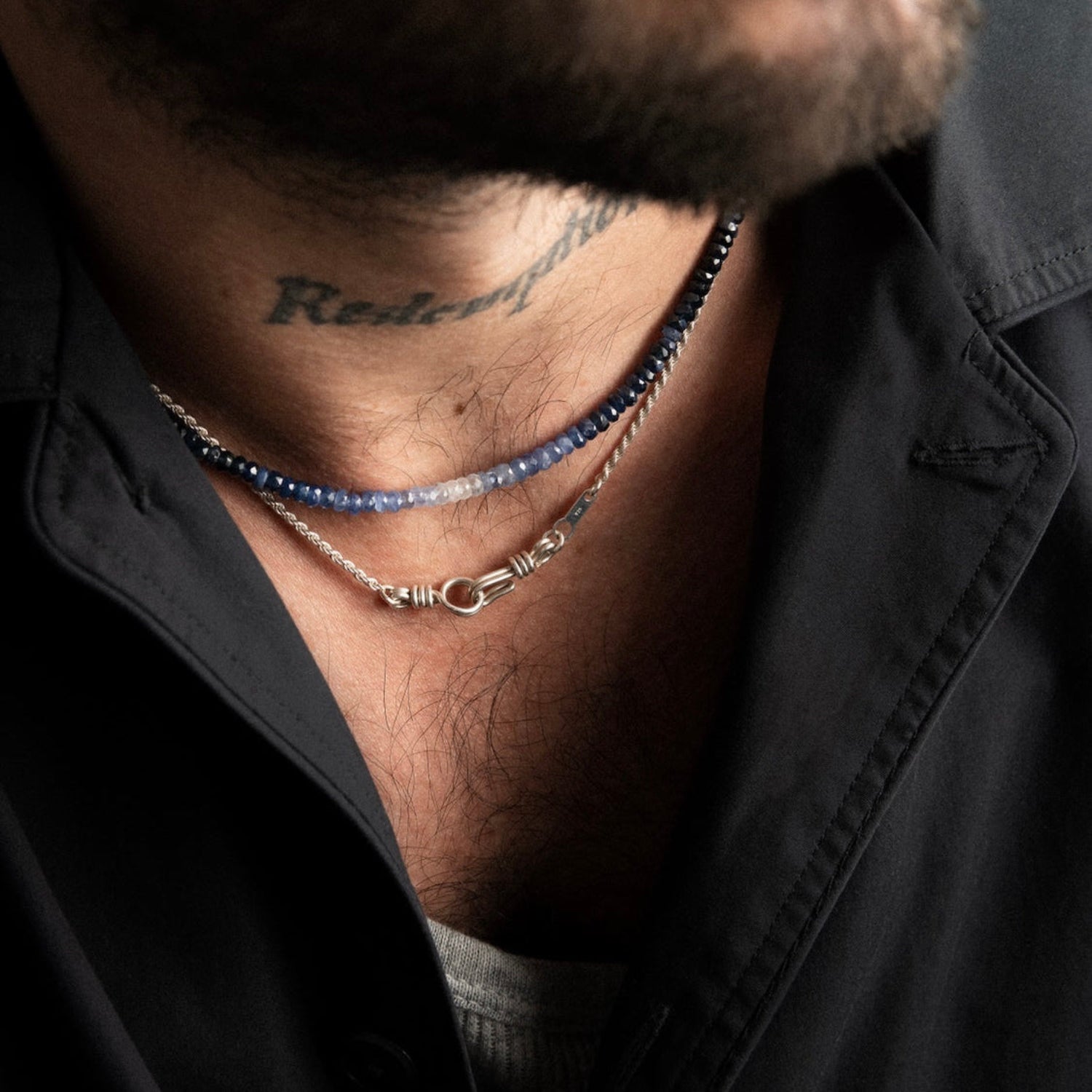 man wearing silver necklace with clasp at centre Atelier Paulin Australia