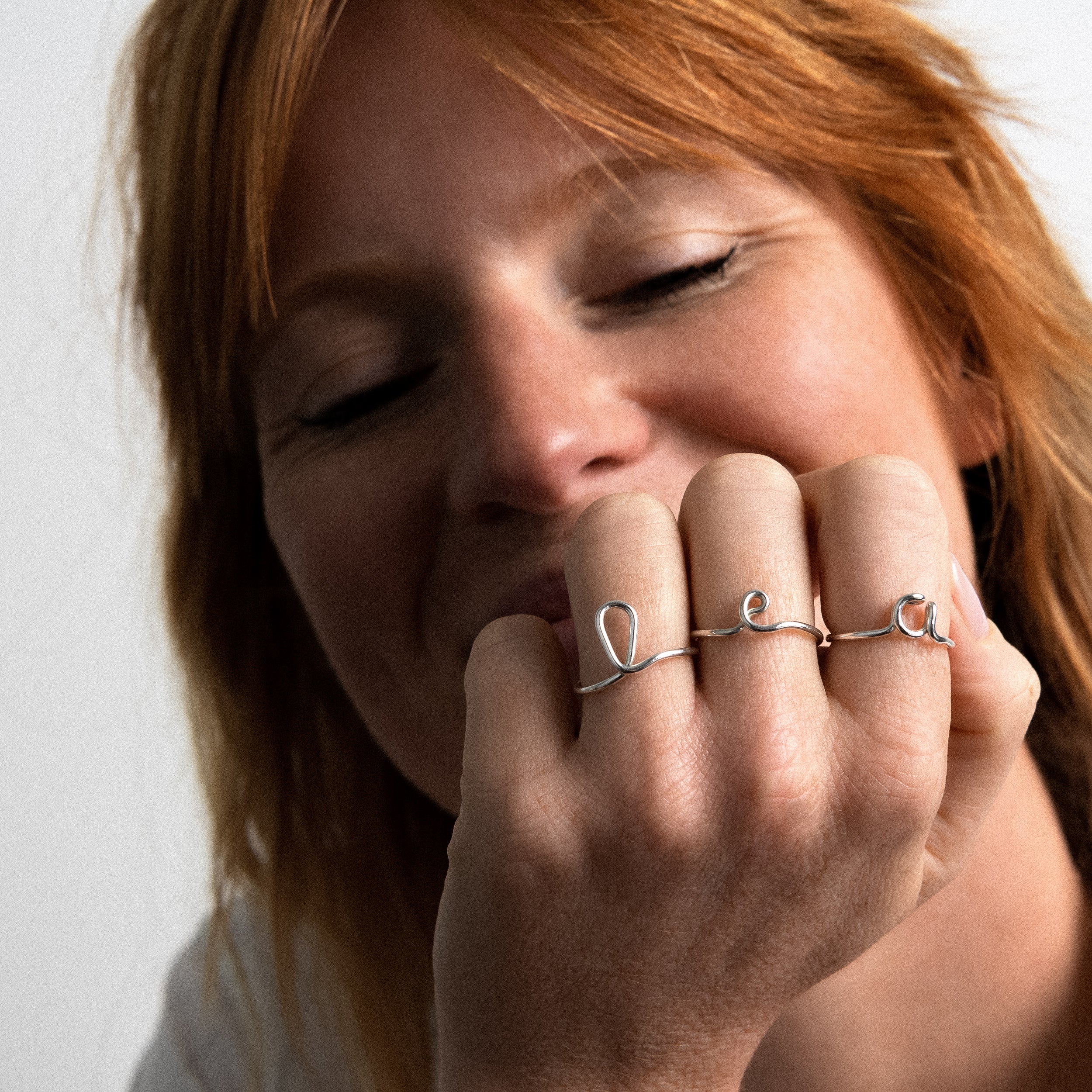 Original ring with initials letter a personalisation silver worn on each finger stacking Atelier Paulin Australia
