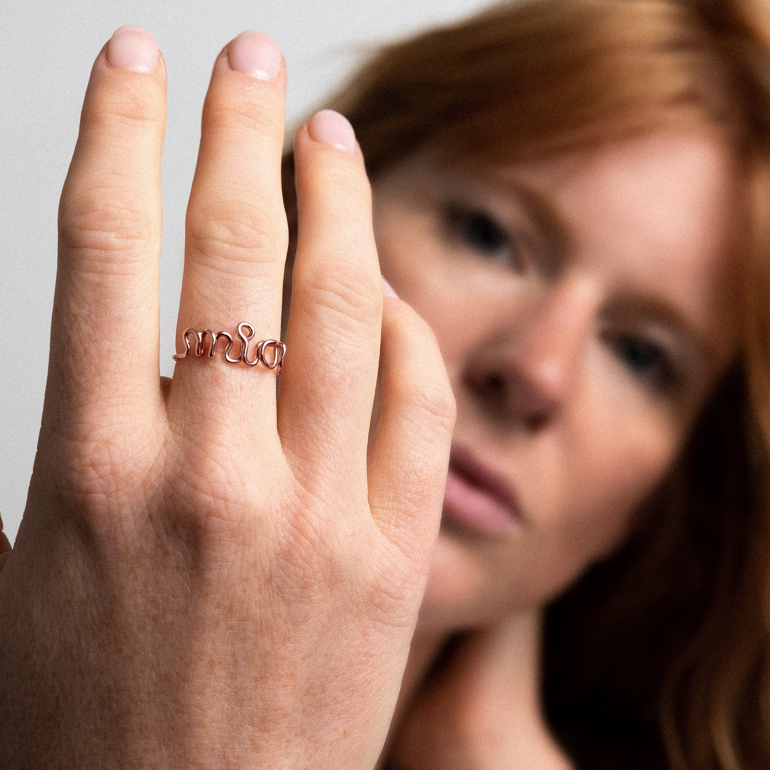 Original ring personalised with name rose gold worn on finger handcrafted Atelier Paulin Australia