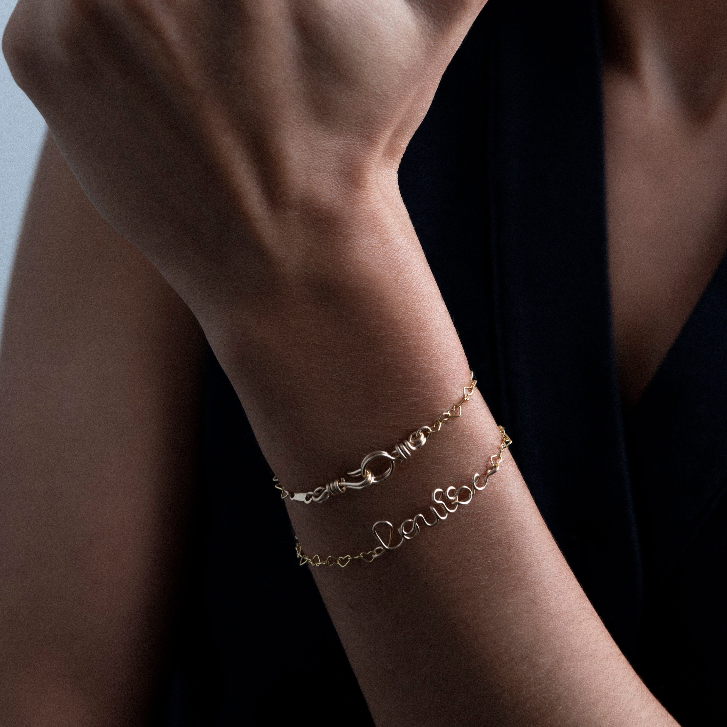 Richelieu heart chain bracelet name personalisation yellow gold worn on wrist Atelier Paulin Australia