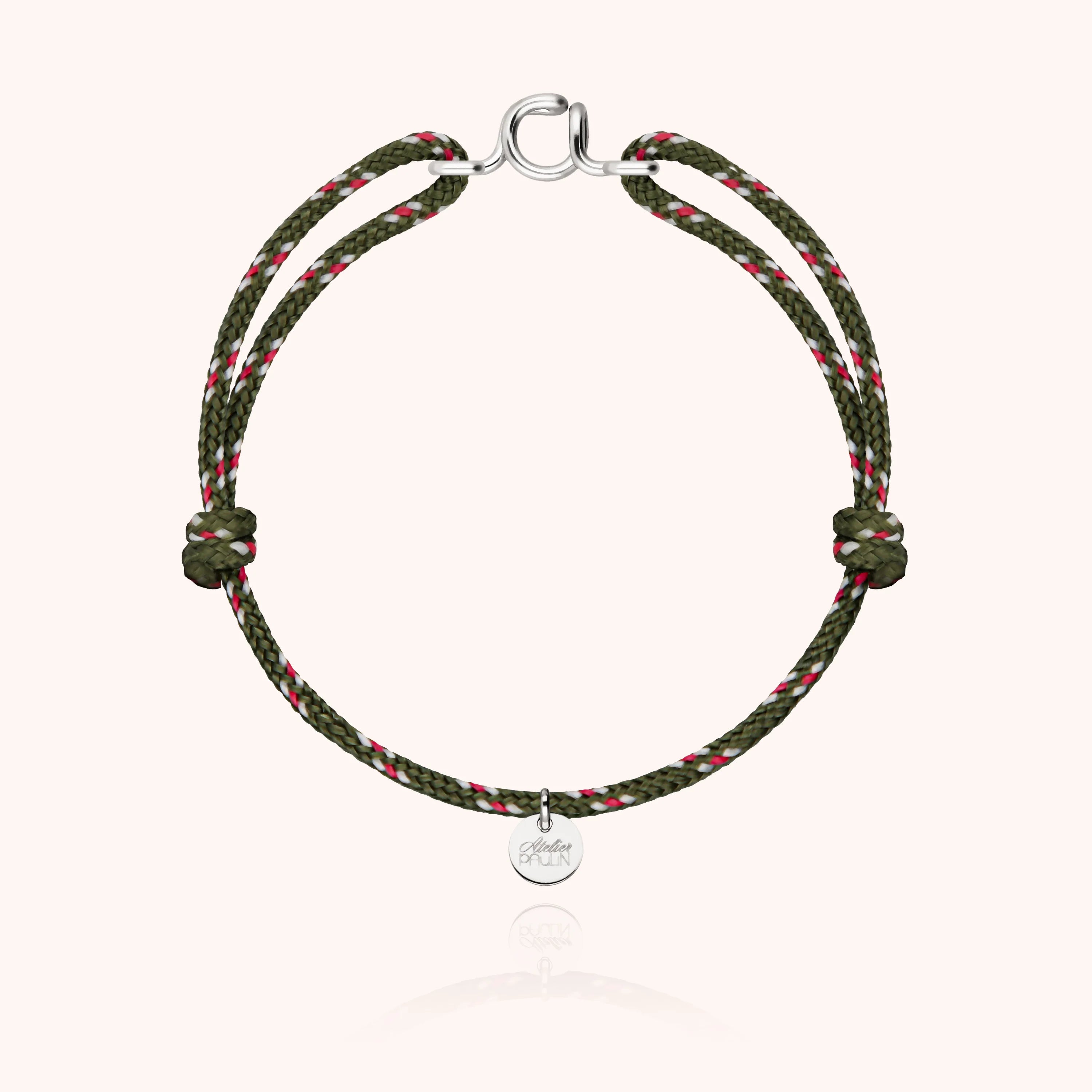Knot cord bracelet for men. Personalised jewellery handcrafted in Paris by Atelier Paulin in sliver --colour_knot khaki