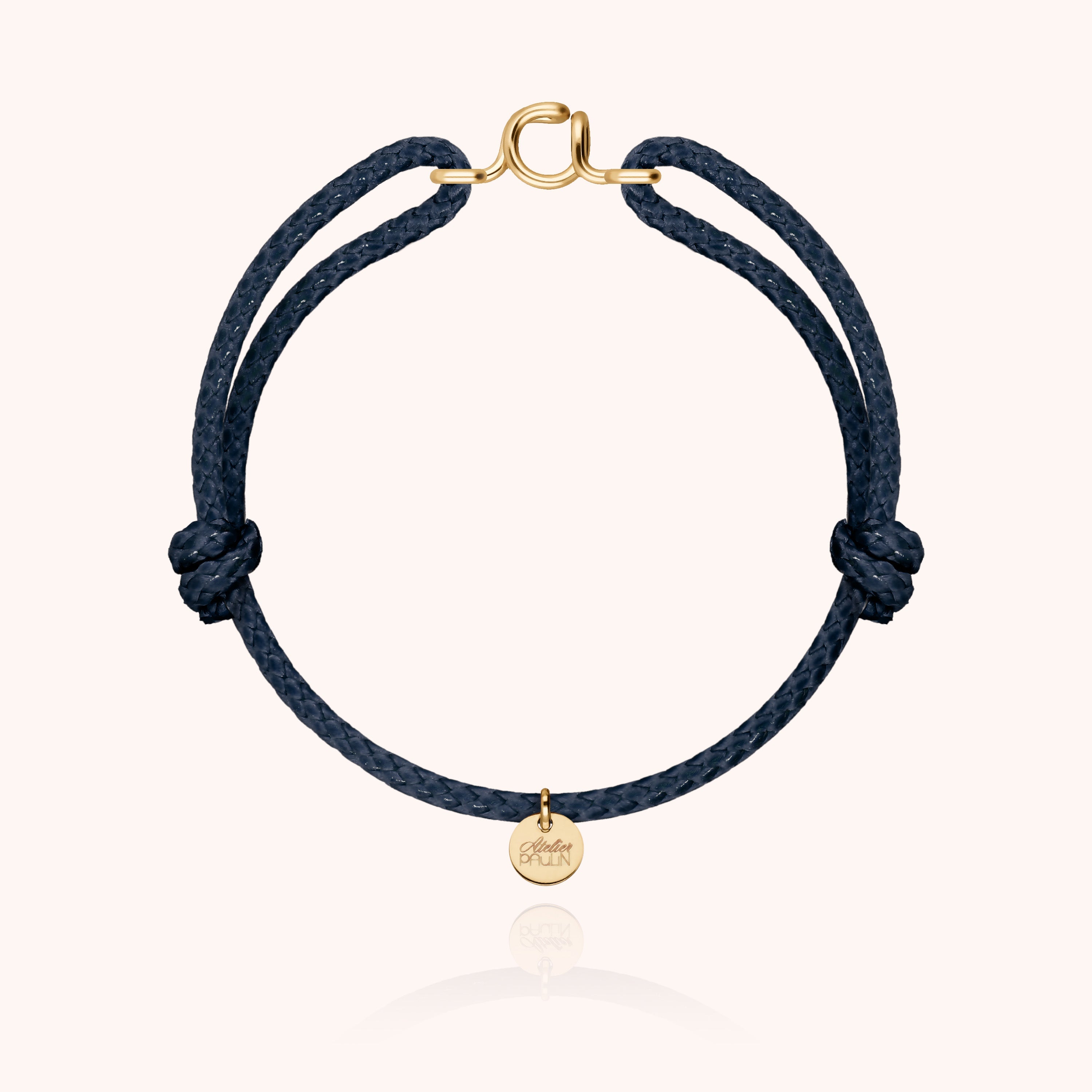 Waxed cord bracelet for men. Personalised gold jewellery with letter initial handcrafted in Paris by Atelier Paulin in 14K yellow gold-filled --colour_navy blue