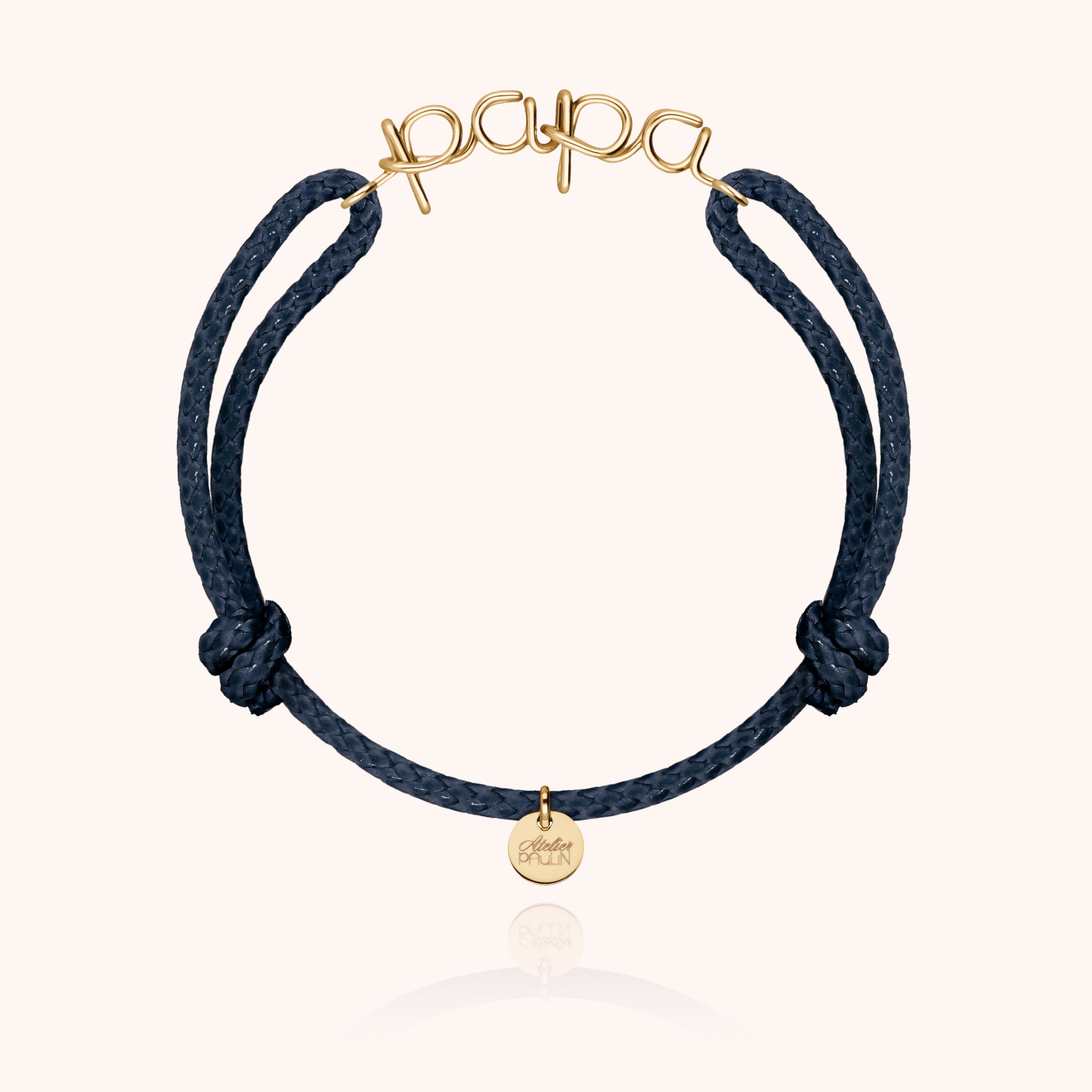 Papa cord bracelet for men. Men's jewellery handcrafted in Paris by Atelier Paulin in 14k yellow gold-filled --colour_navy blue