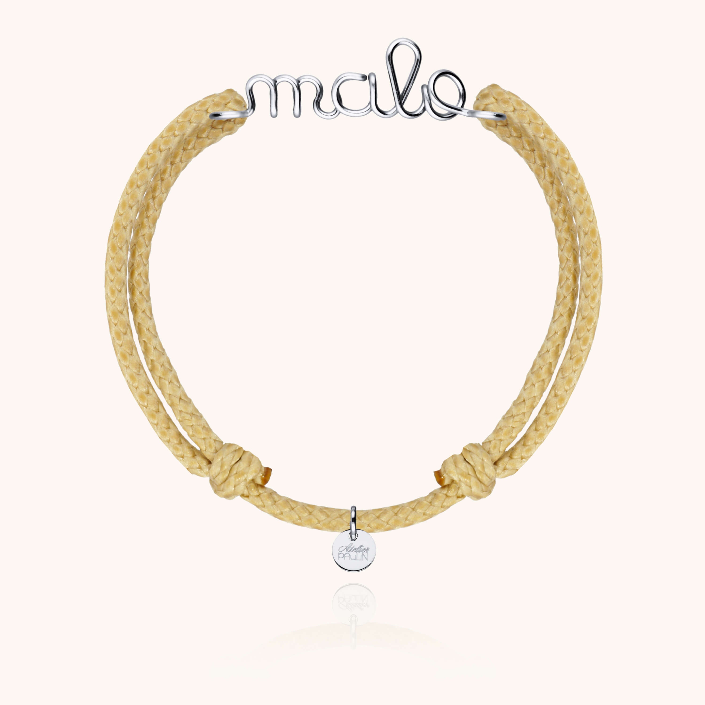 Waxed cord bracelet for men. Personalised gold name jewellery  handcrafted in Paris by Atelier Paulin in sterling silver --colour_nude
