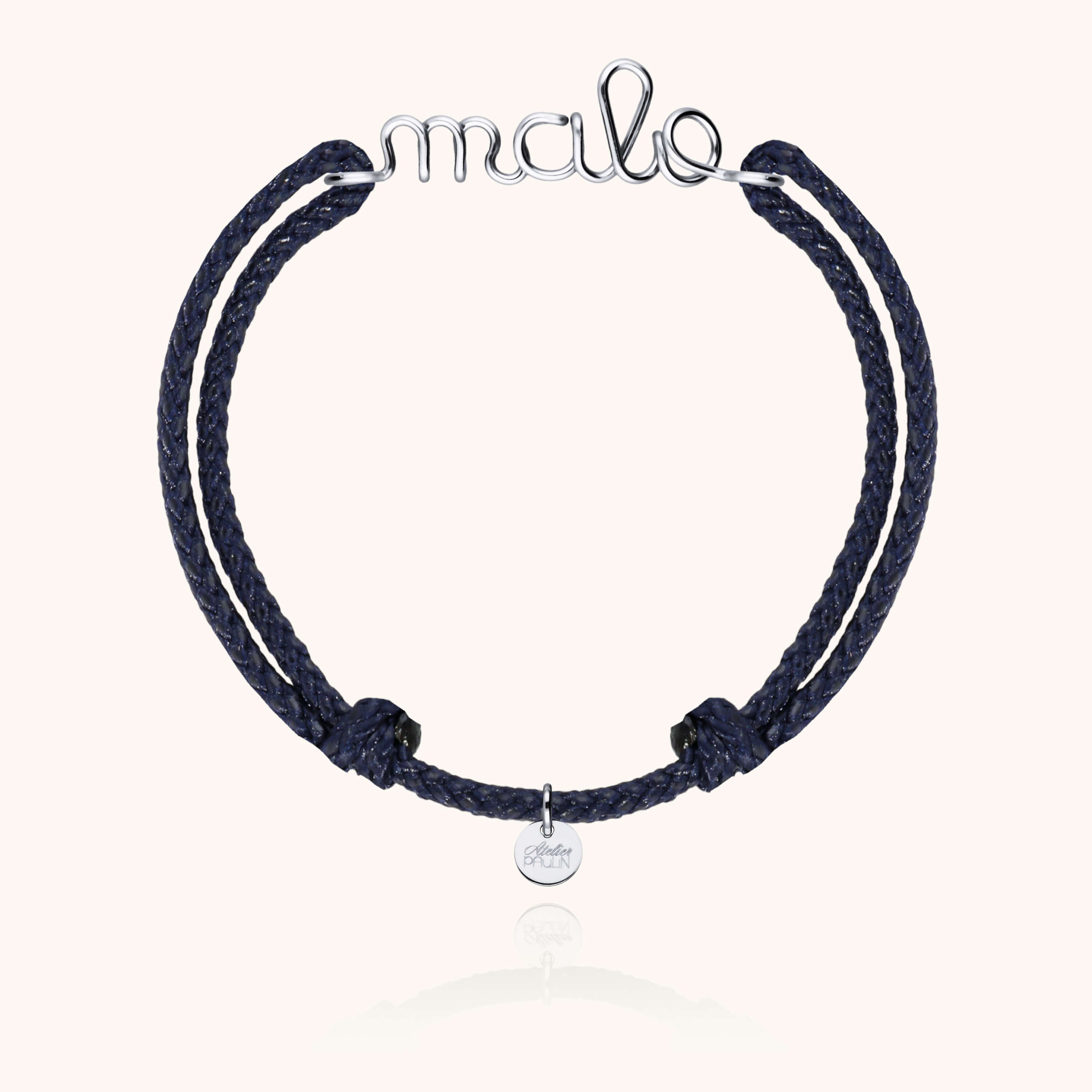 Waxed cord bracelet for men. Personalised gold name jewellery  handcrafted in Paris by Atelier Paulin in sterling silver --colour_navy blue