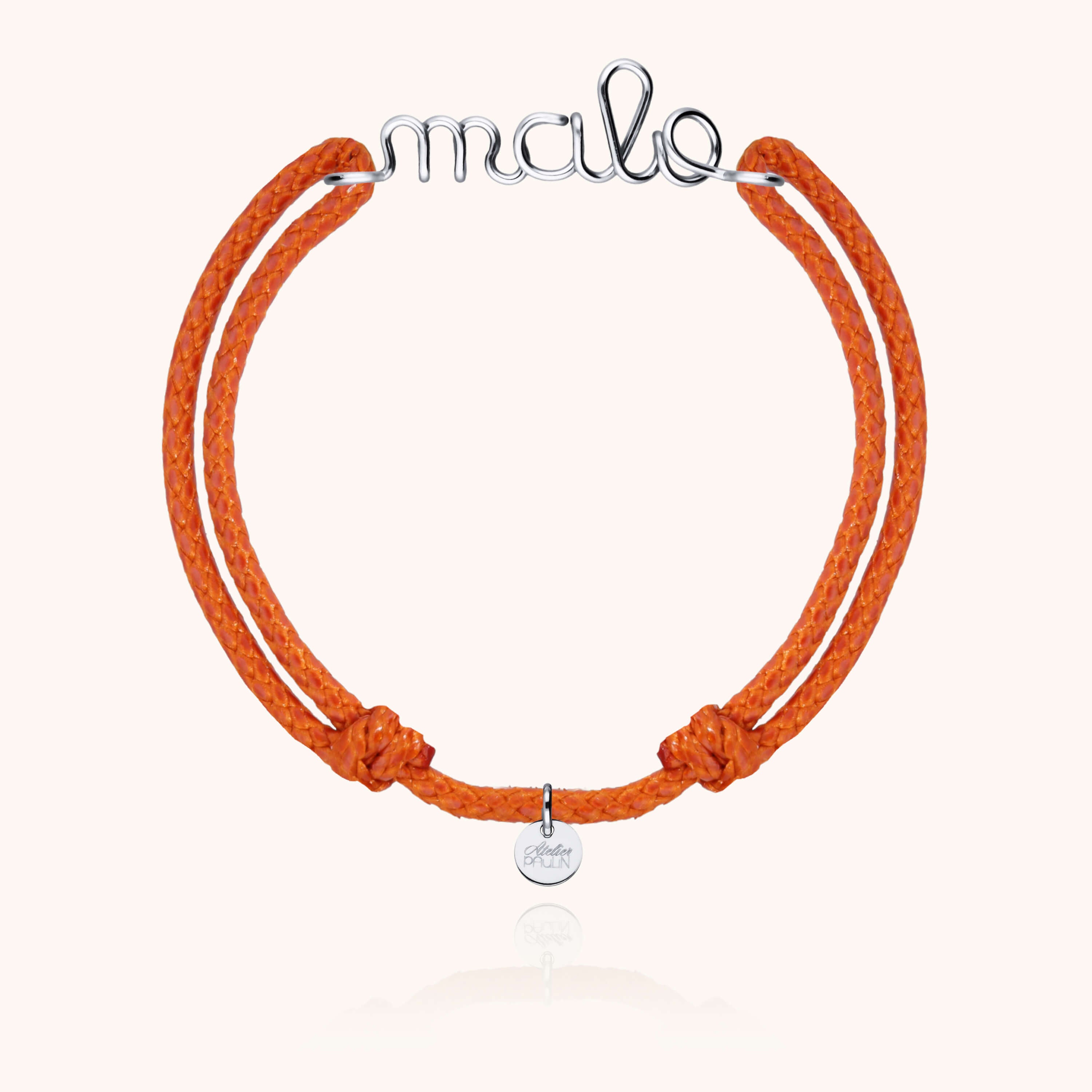 Waxed cord bracelet for men. Personalised gold name jewellery  handcrafted in Paris by Atelier Paulin in sterling silver --colour_orange