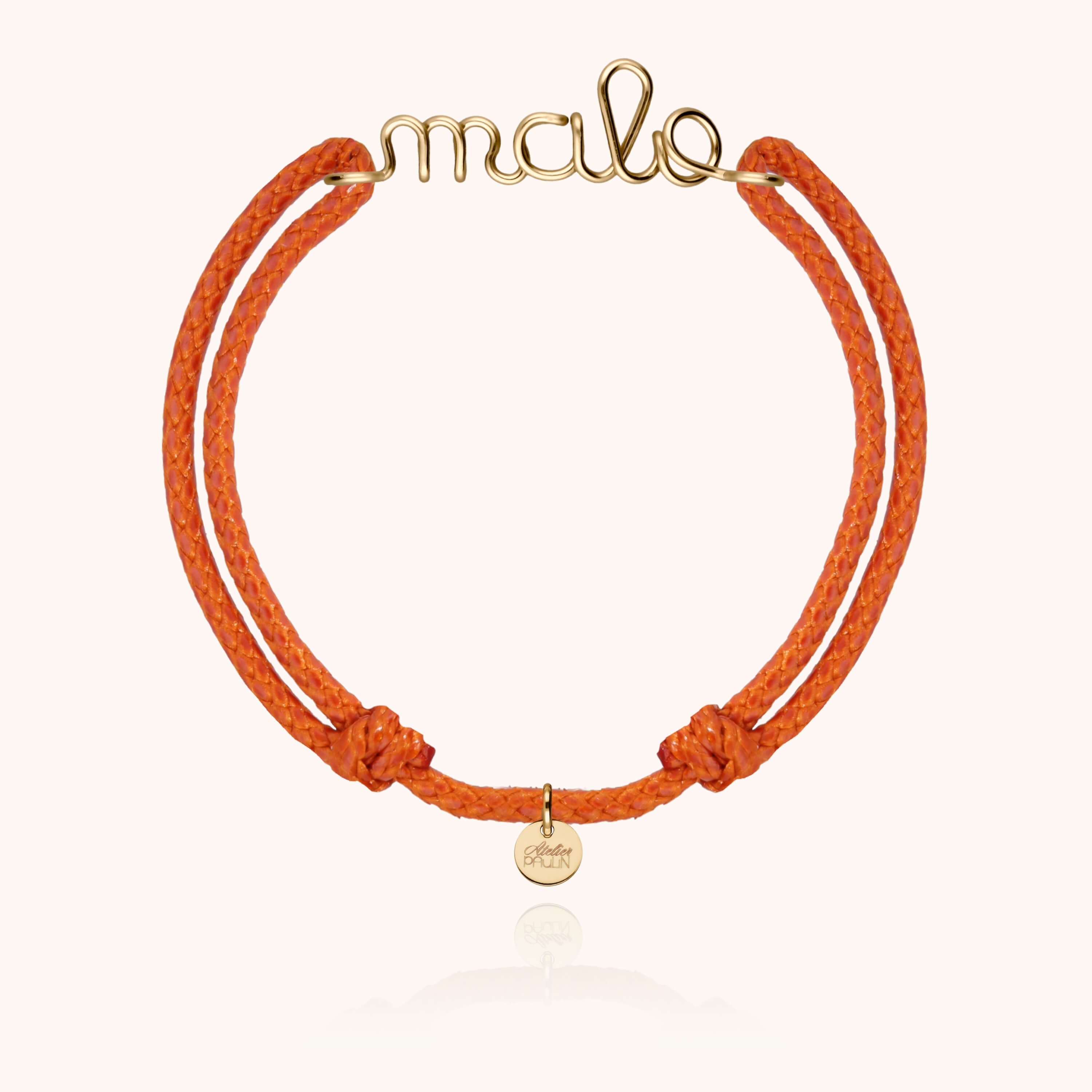 Waxed cord bracelet for men. Personalised gold name jewellery  handcrafted in Paris by Atelier Paulin in 14K yellow gold-filled --colour_orange