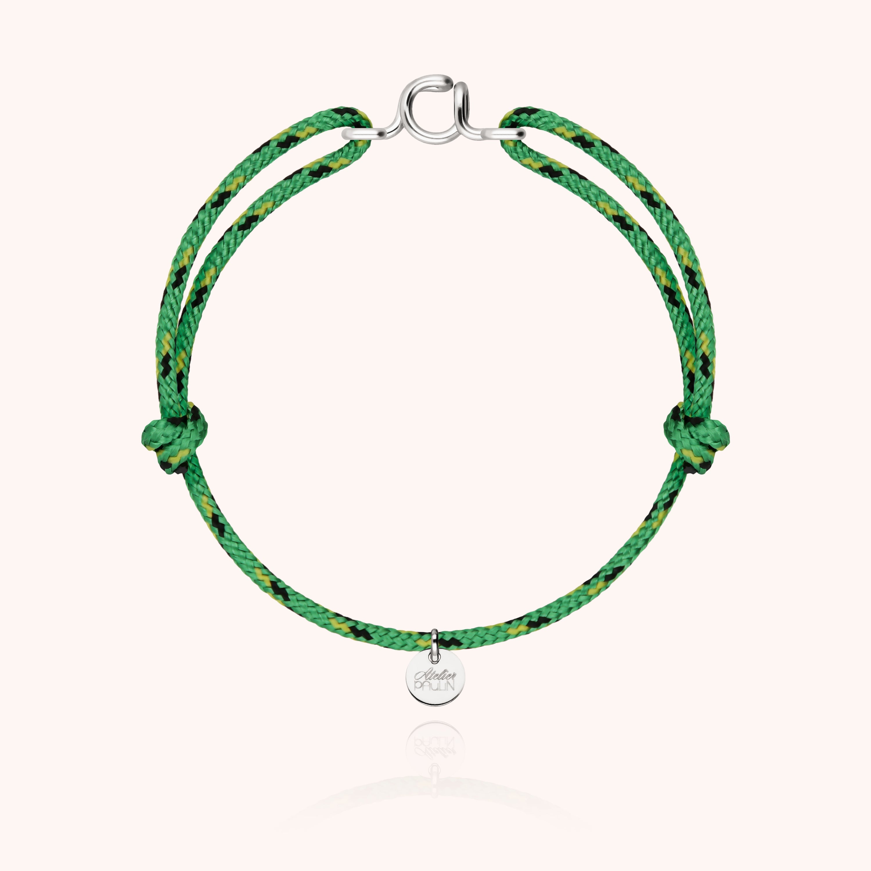 Knot cord bracelet for men. Personalised jewellery handcrafted in Paris by Atelier Paulin in sliver --colour_knot green