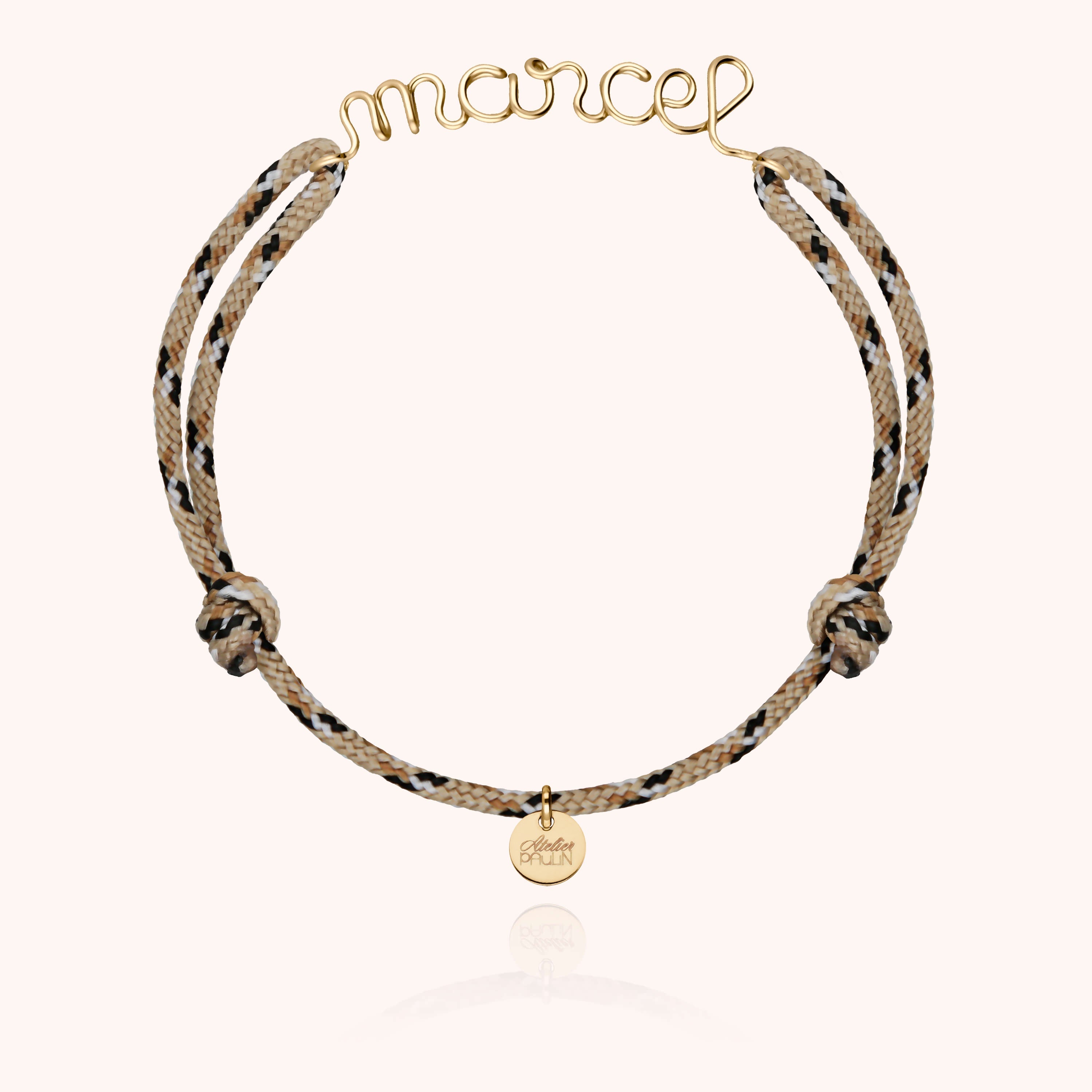 Personalised knot cord bracelet for men. Name personalisation gold jewellery handcrafted in Paris by Atelier Paulin --colour_knot beige