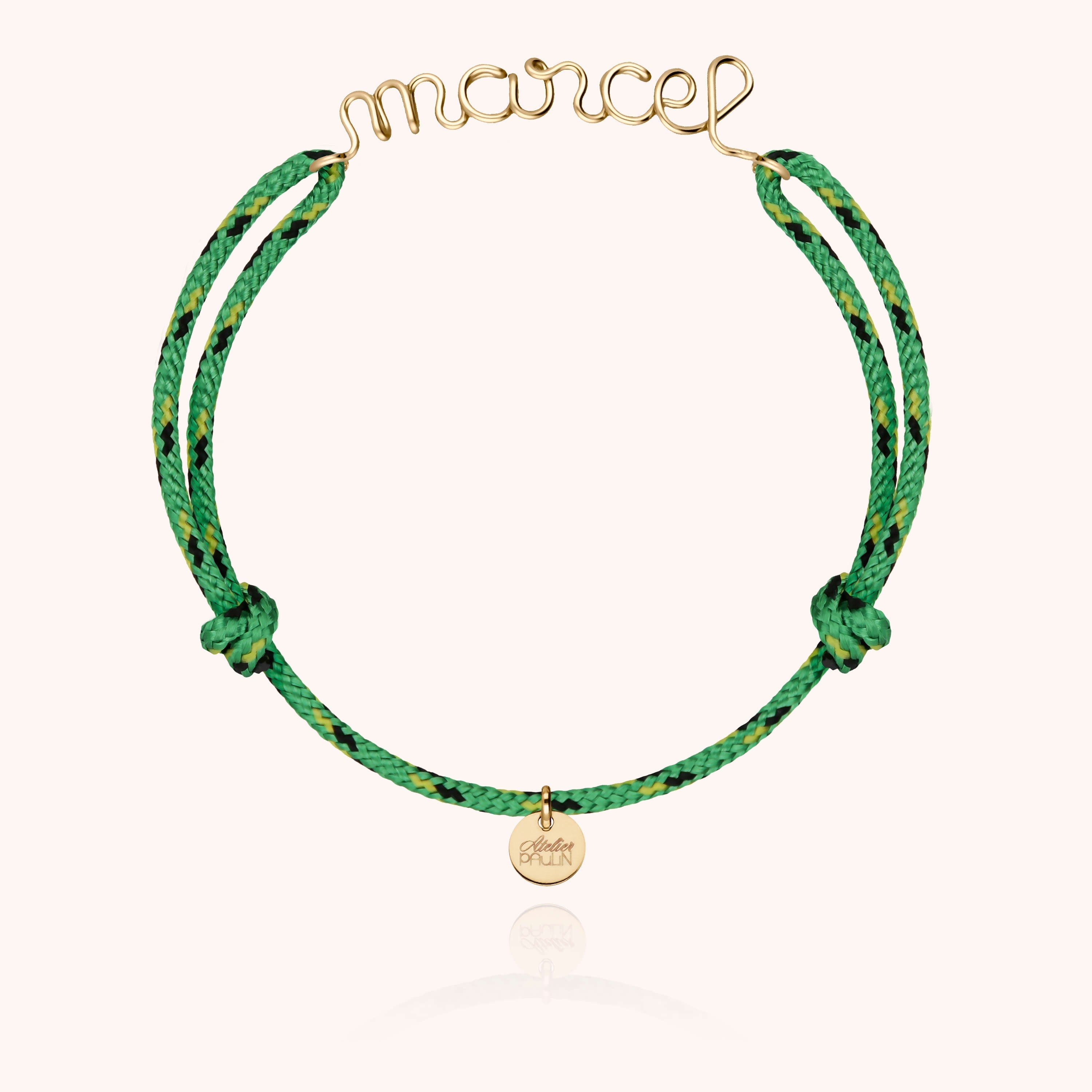 Personalised knot cord bracelet for men. Name personalisation gold jewellery handcrafted in Paris by Atelier Paulin --colour_knot green
