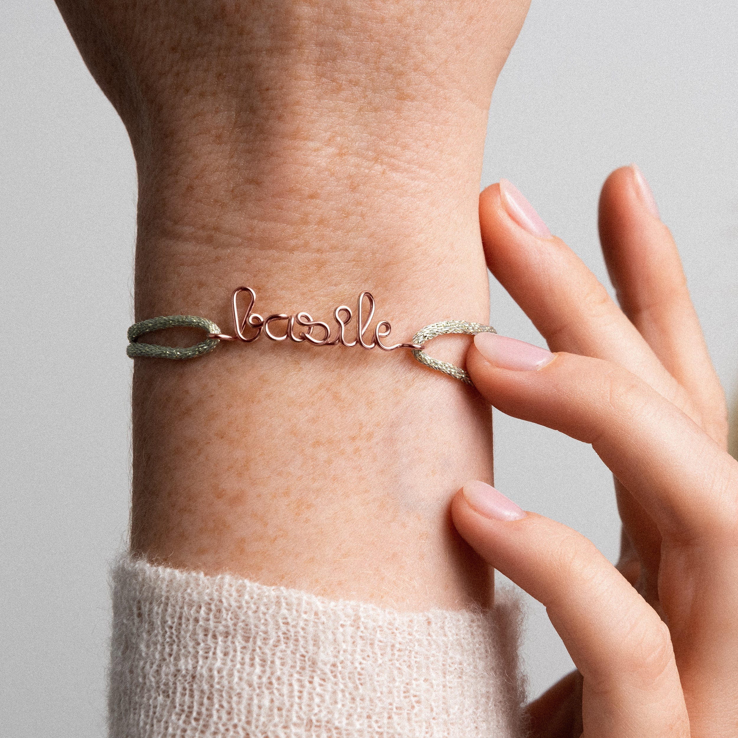 personalised lurex cord bracelet name worn on wrist rose gold Atelier Paulin Australia