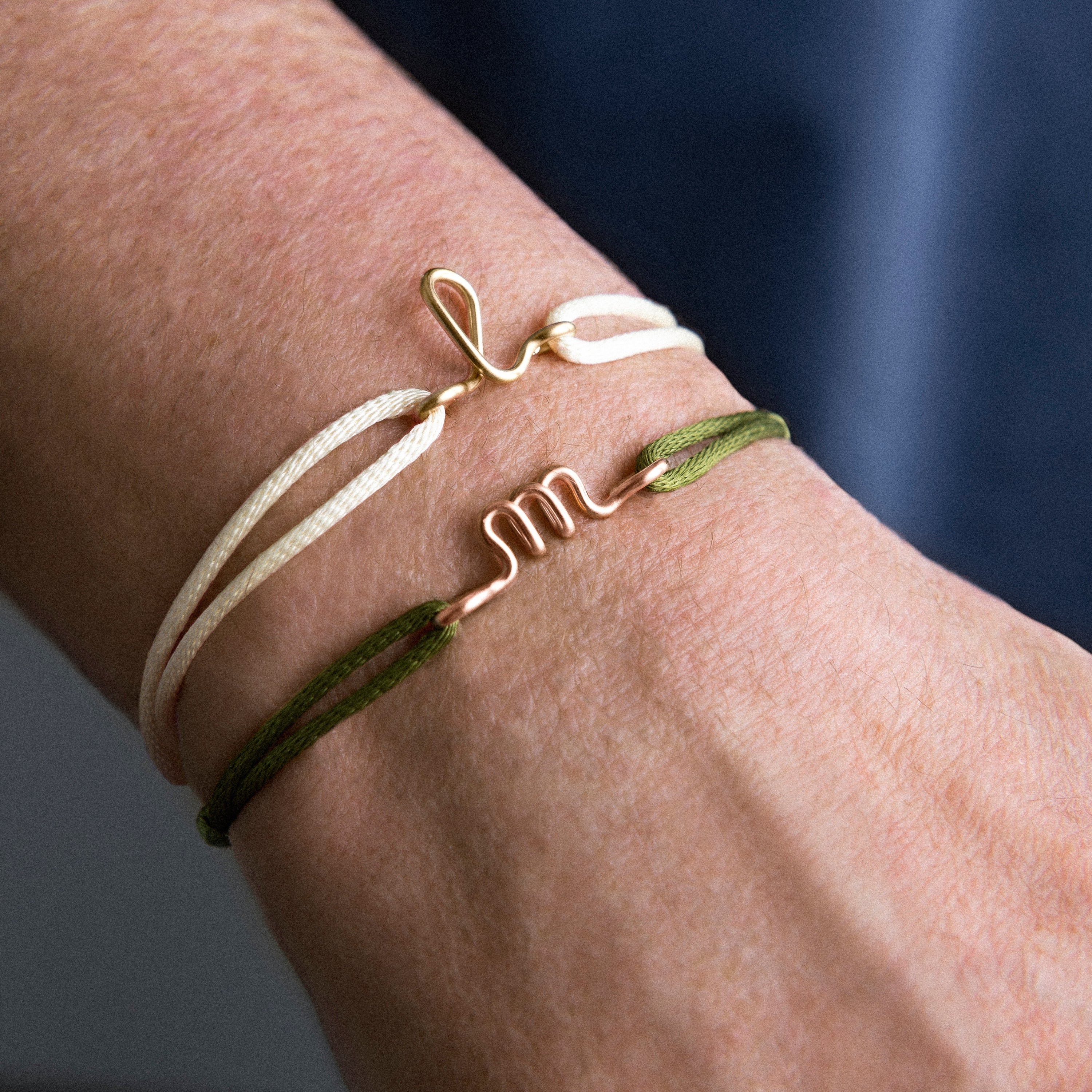 Original cord bracelet Initial letter worn on wrist yellow gold handmade Atelier Paulin Australia