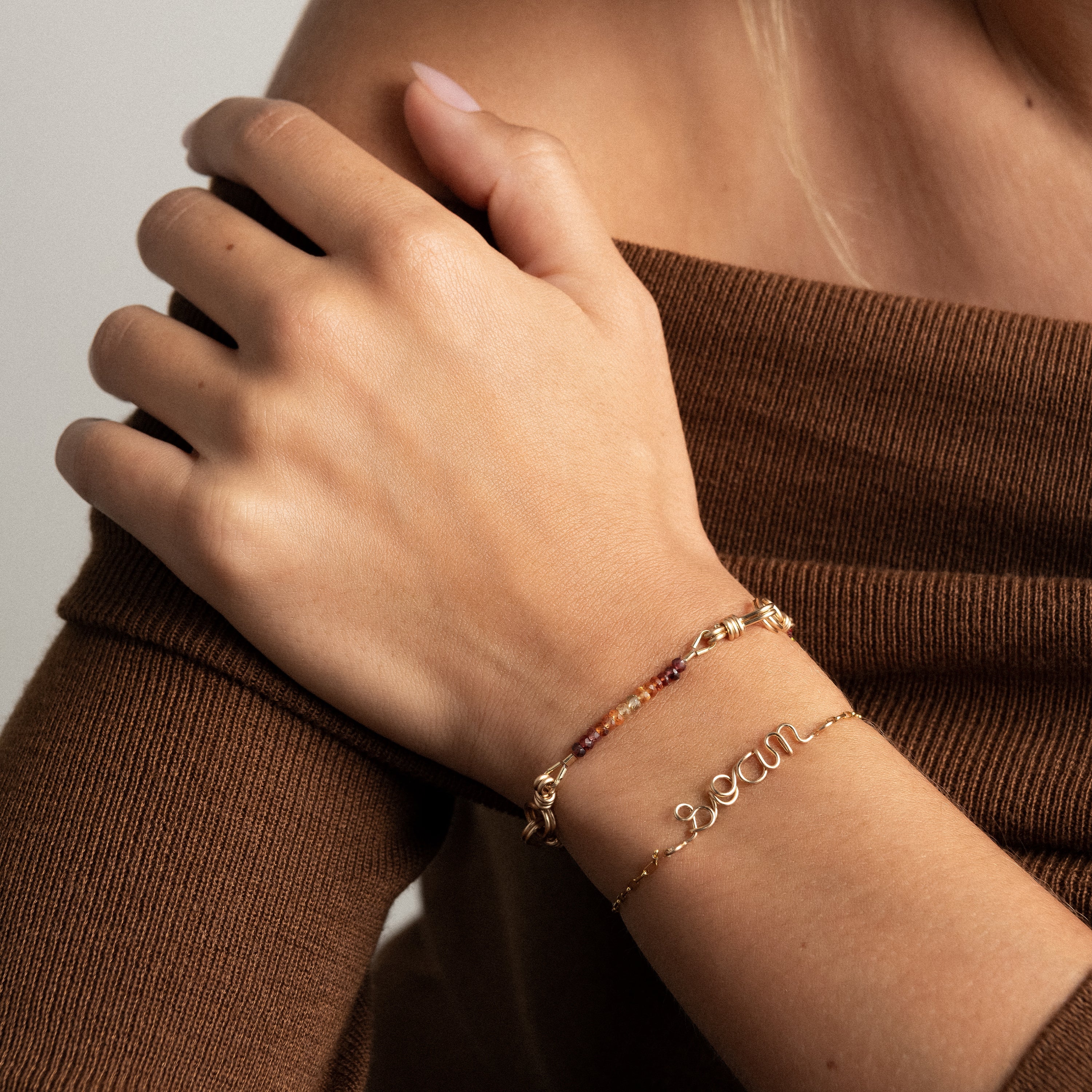 Richelieu paperclip chain bracelet name personalisation yellow gold worn on wrist Atelier Paulin Australia