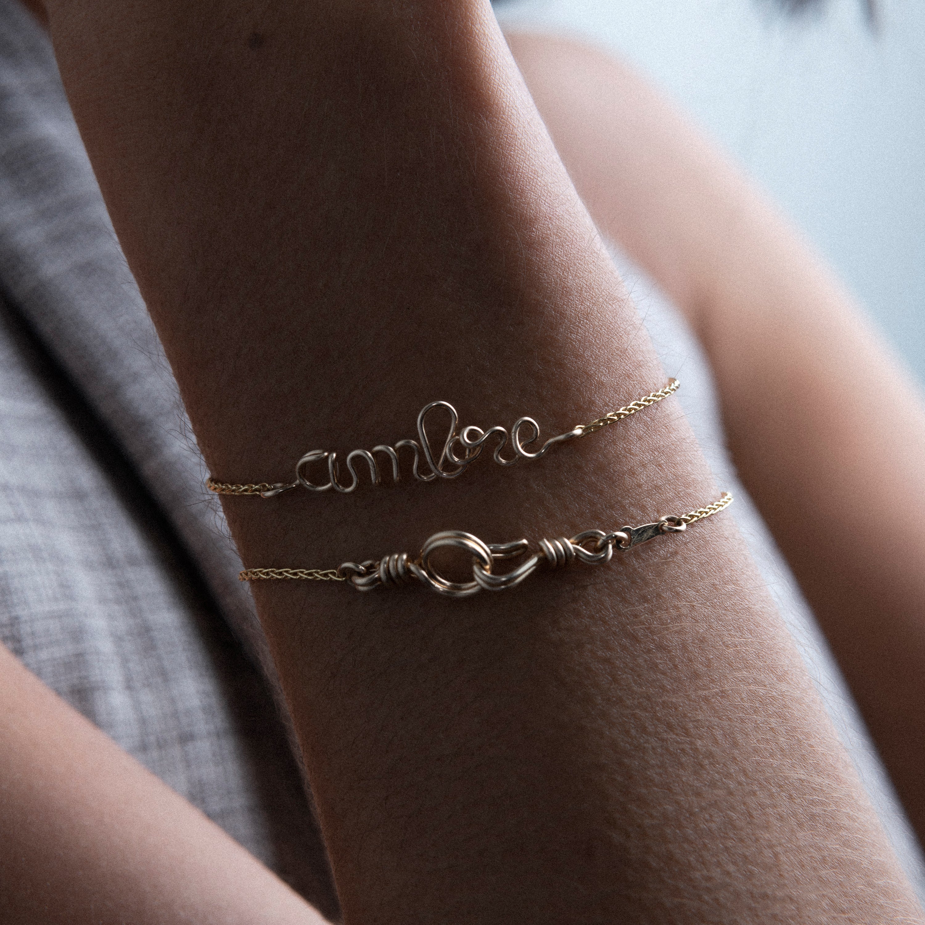 Richelieu paperclip bracelet personalised with name yellow gold stacking on wrist Atelier Paulin Australia