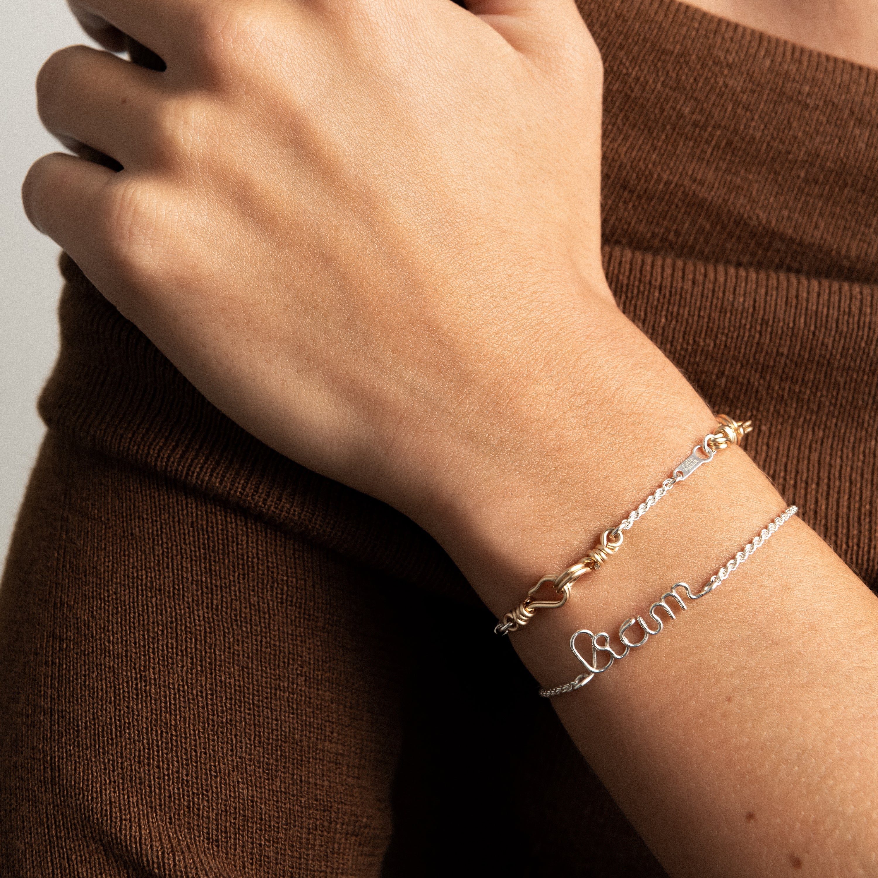Richelieu rope chain bracelet with name personalisation silver worn on wrist handmade Atelier Paulin Australia