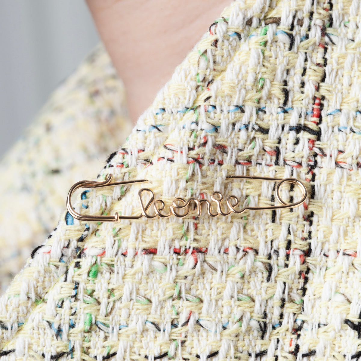 Brooch worn on a tweed jacket, in gold filled with security pin design from Atelier Paulin handcrafted in Paris