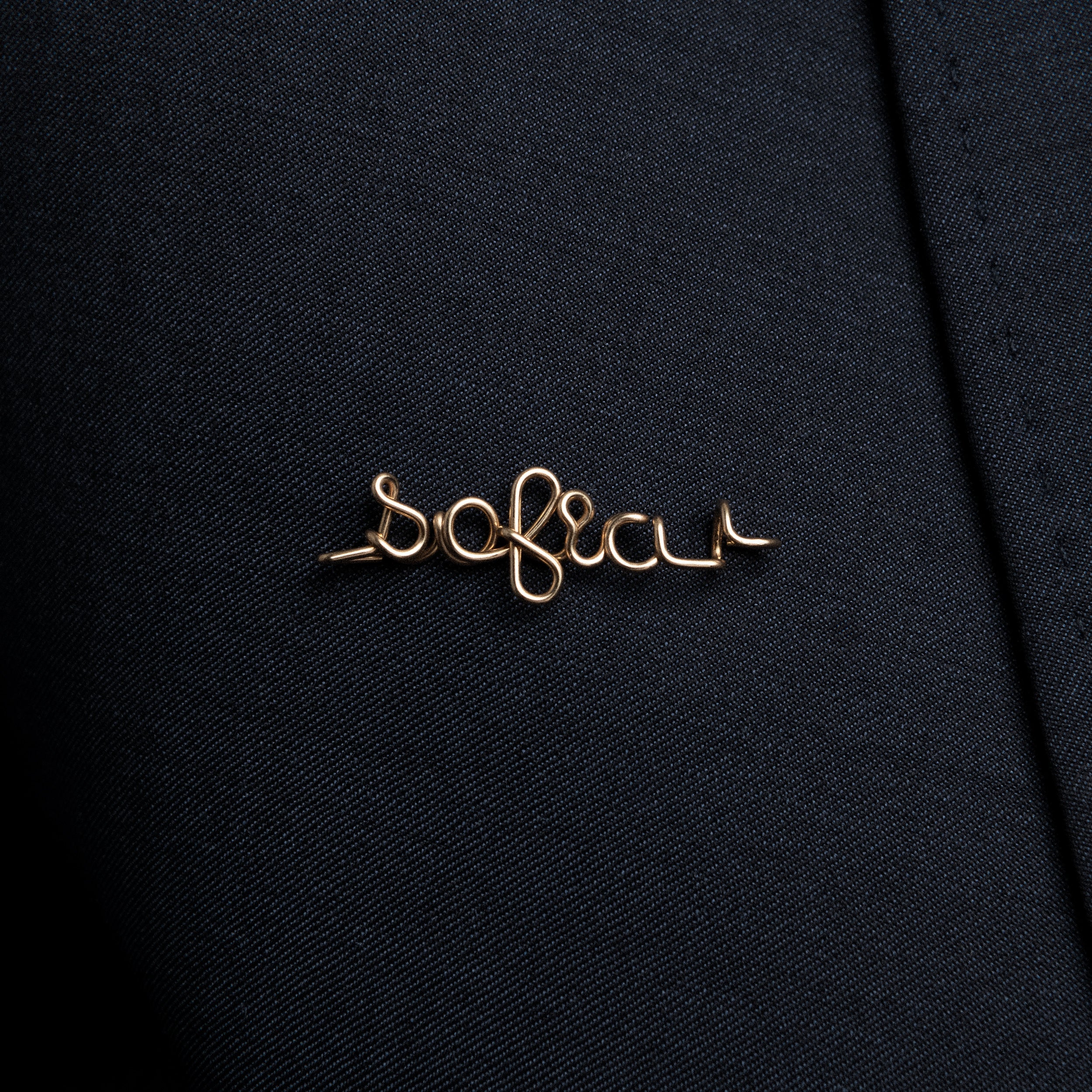 Original brooch personalised with name yellow gold on black blazer Atelier Paulin Australia