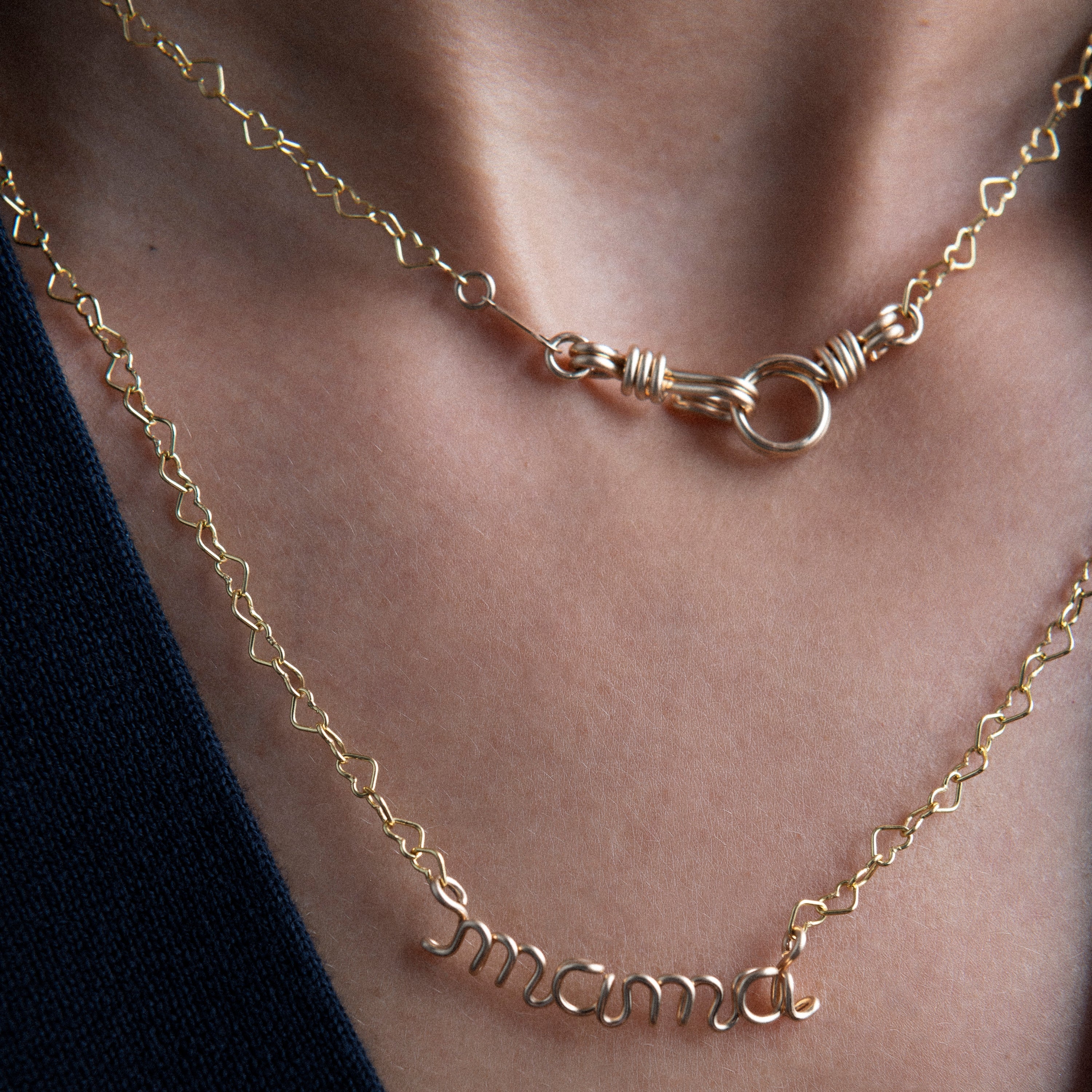 Richelieu heart chain Personalised names Necklace 14k yellow gold jewellery stack on neck Atelier Paulin Australia