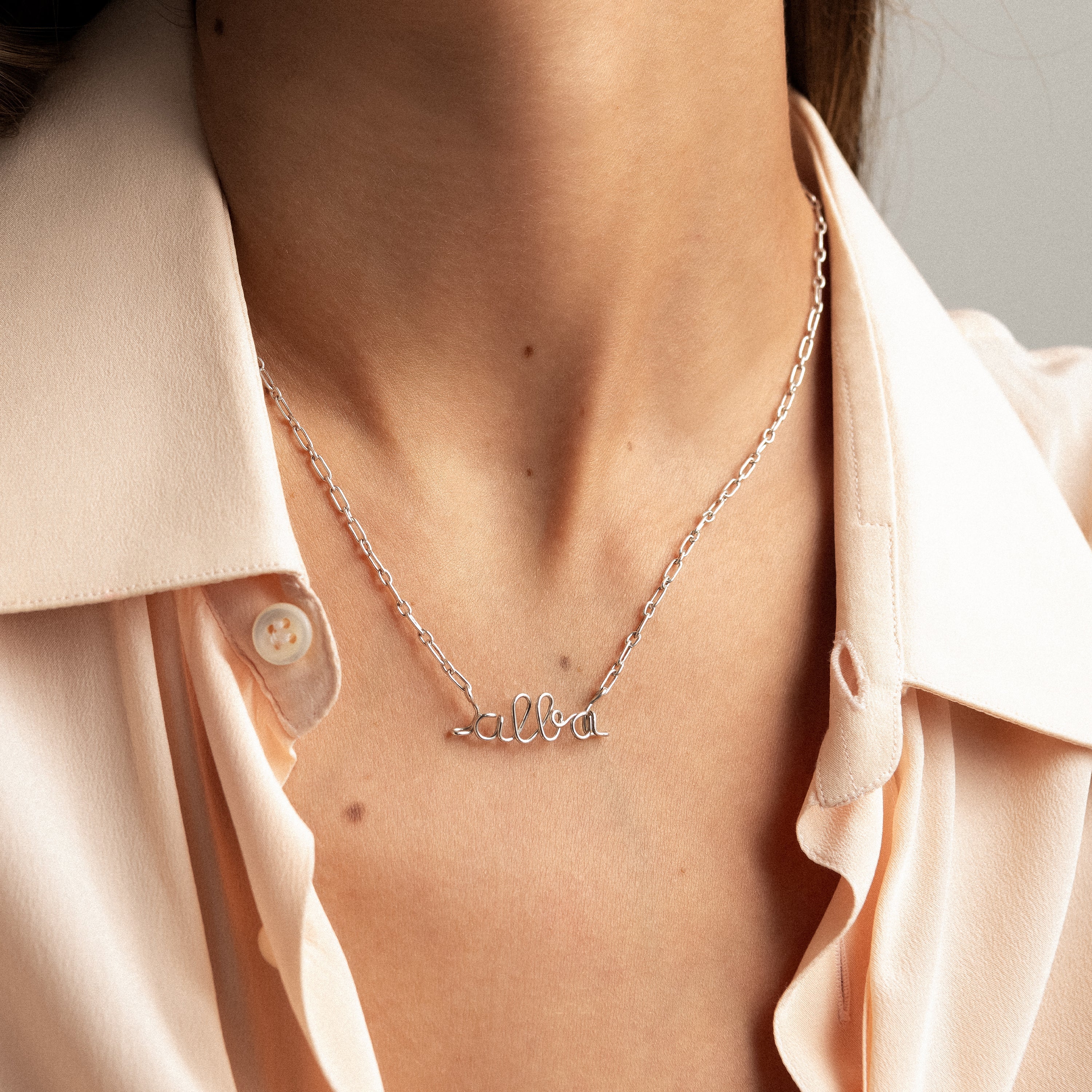 Richelieu Paperclip chain Necklace personalised with name silver worn on neck Atelier Paulin Australia