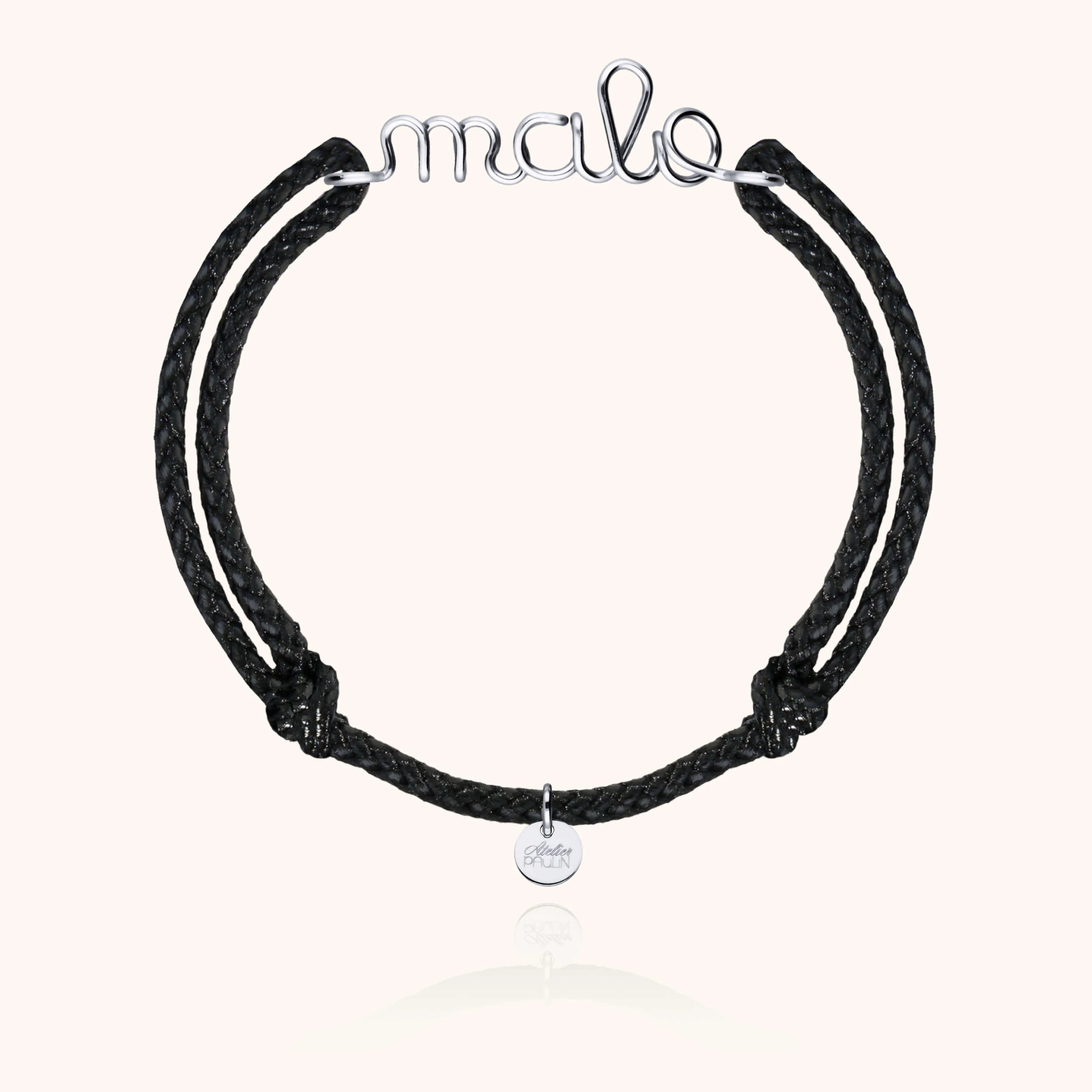 Waxed cord bracelet for men. Personalised gold name jewellery  handcrafted in Paris by Atelier Paulin in sterling silver --colour_black