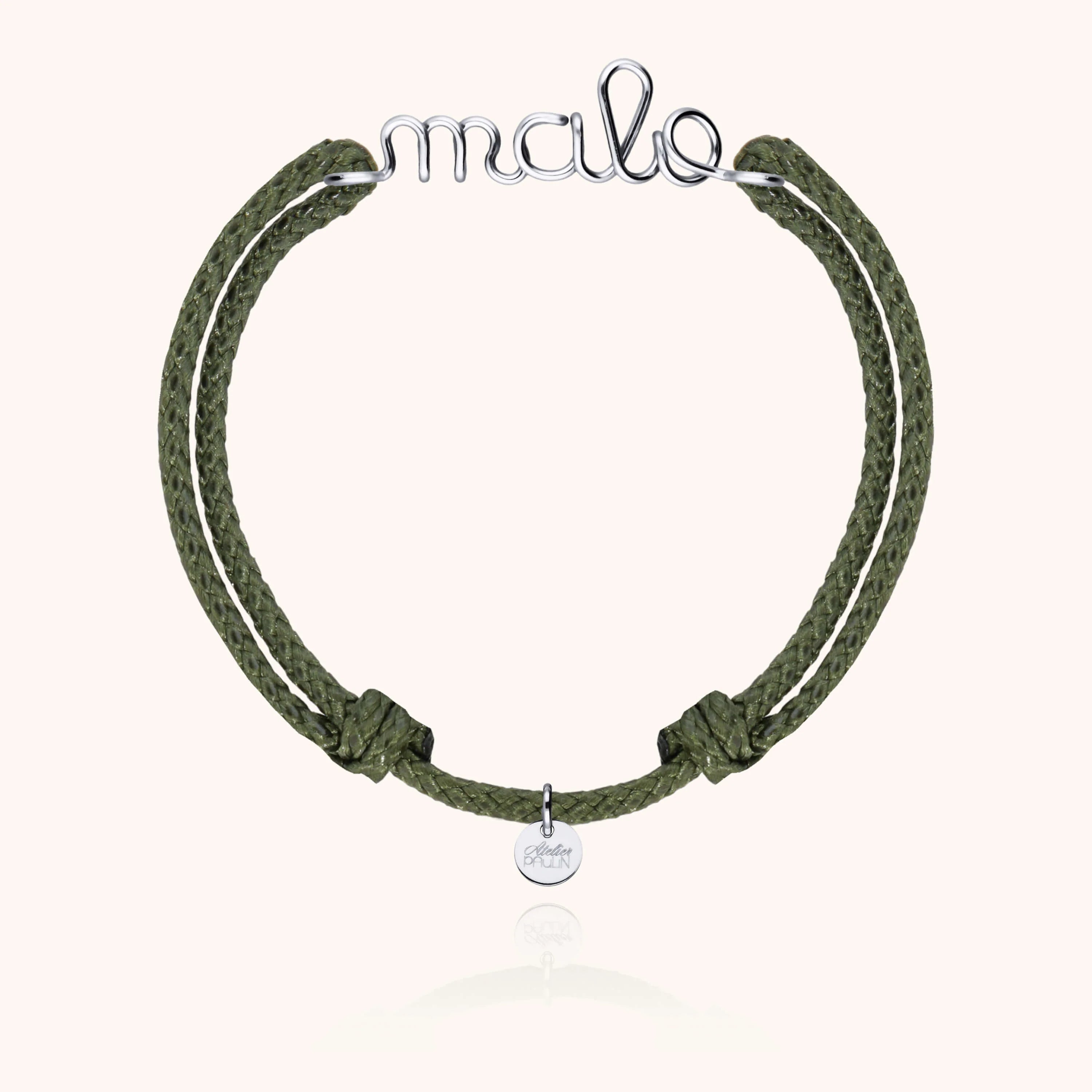 Waxed cord bracelet for men. Personalised gold name jewellery  handcrafted in Paris by Atelier Paulin in sterling silver --colour_khaki
