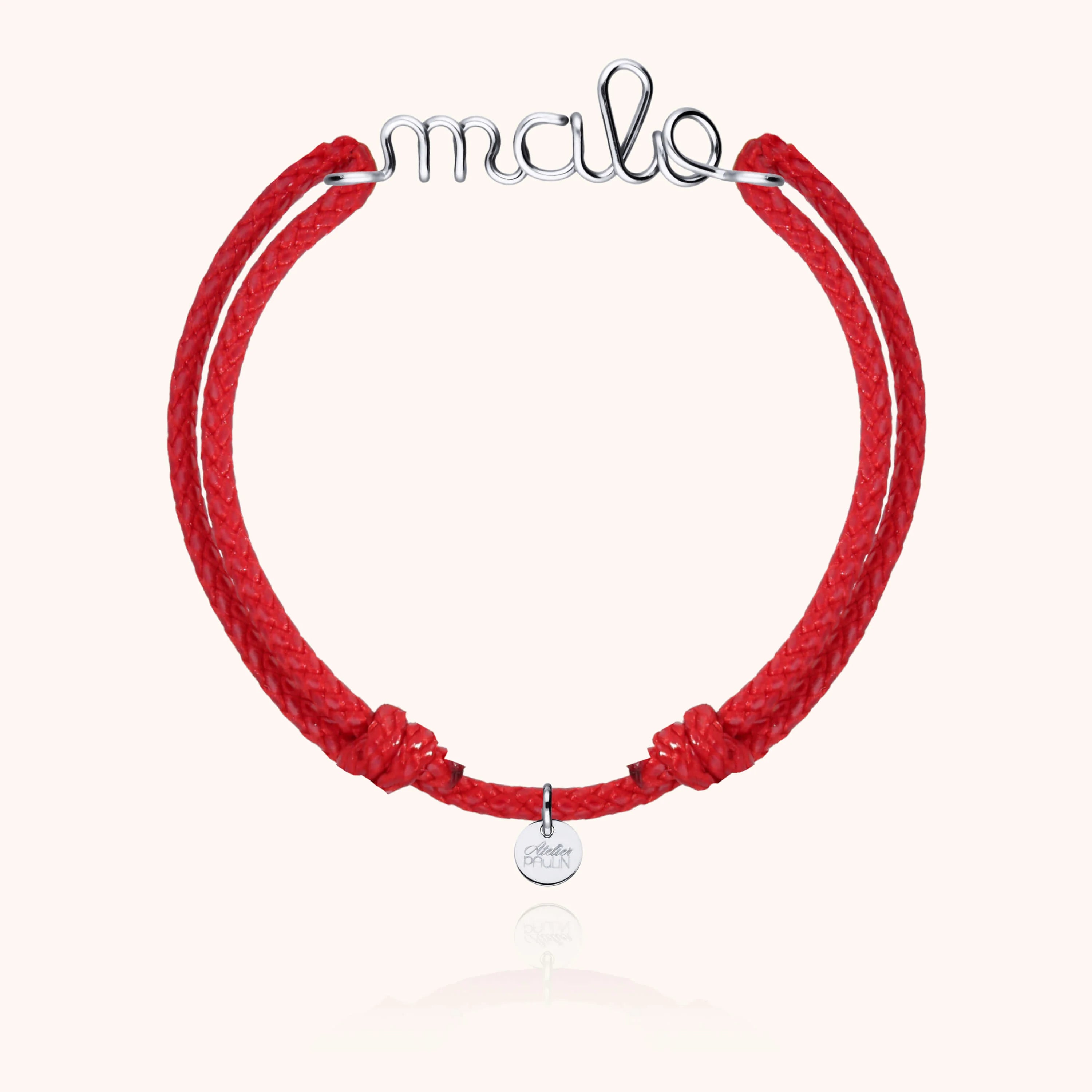 Waxed cord bracelet for men. Personalised gold name jewellery  handcrafted in Paris by Atelier Paulin in sterling silver --colour_red