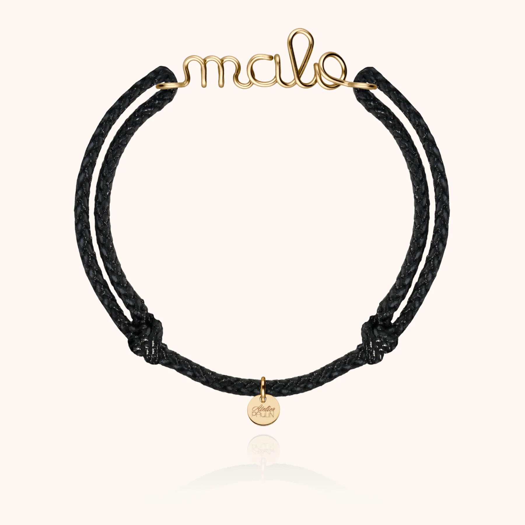 Waxed cord bracelet for men. Personalised gold name jewellery  handcrafted in Paris by Atelier Paulin in 14K yellow gold-filled --colour_black