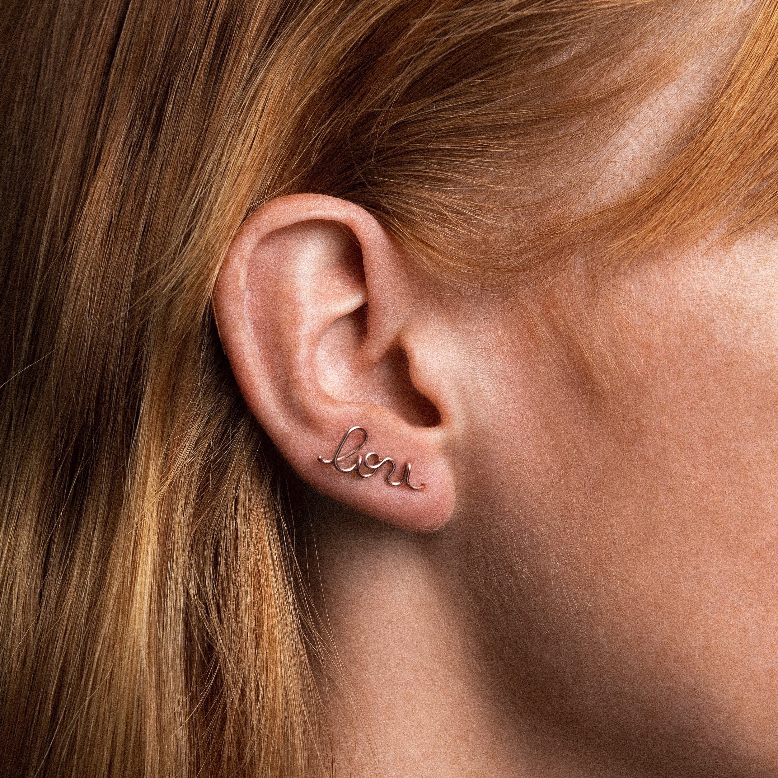 Original cuff earring personalised with name rose gold worn on ear Atelier Paulin Australia