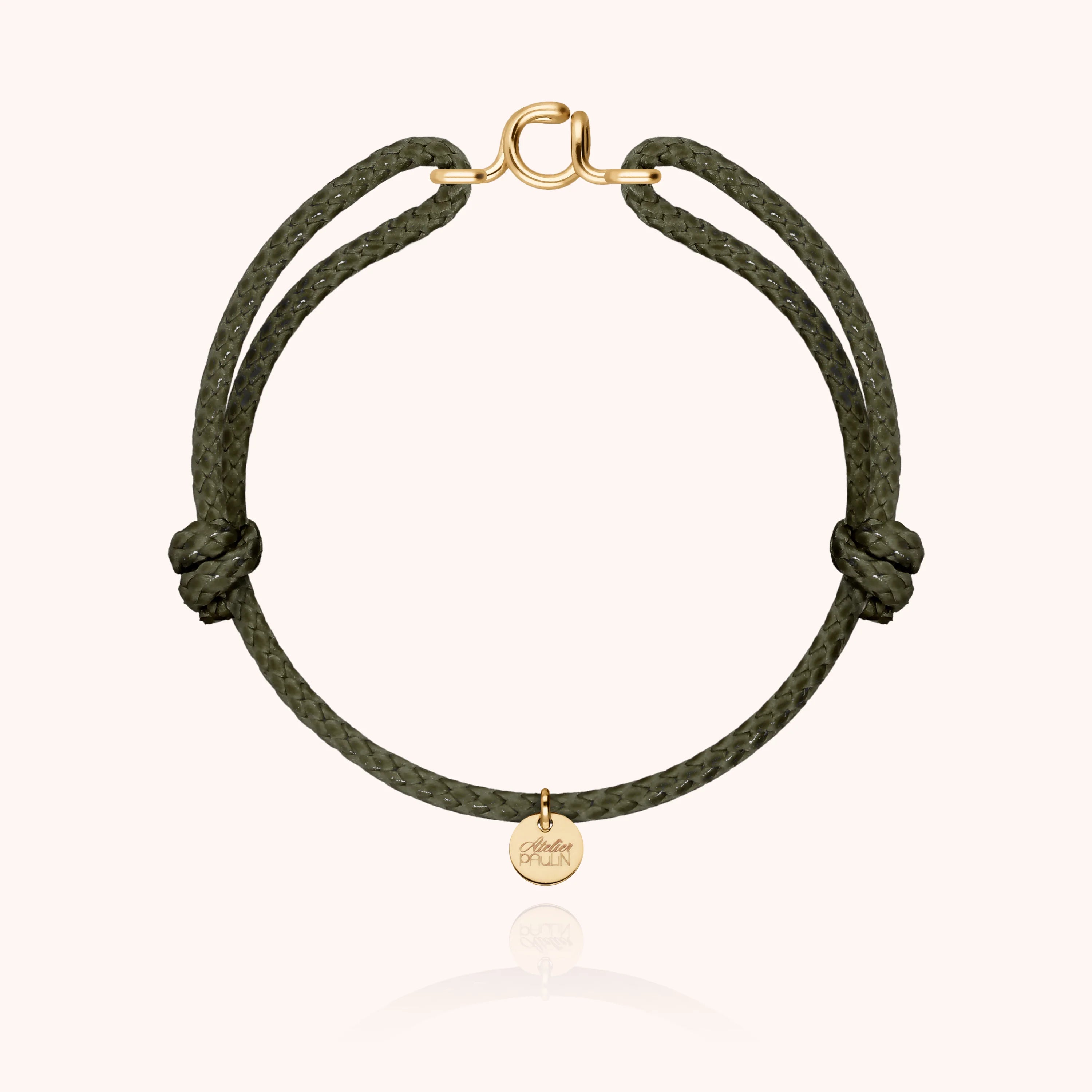 Waxed cord bracelet for men. Personalised gold jewellery with letter initial handcrafted in Paris by Atelier Paulin in 14K yellow gold-filled --colour_khaki