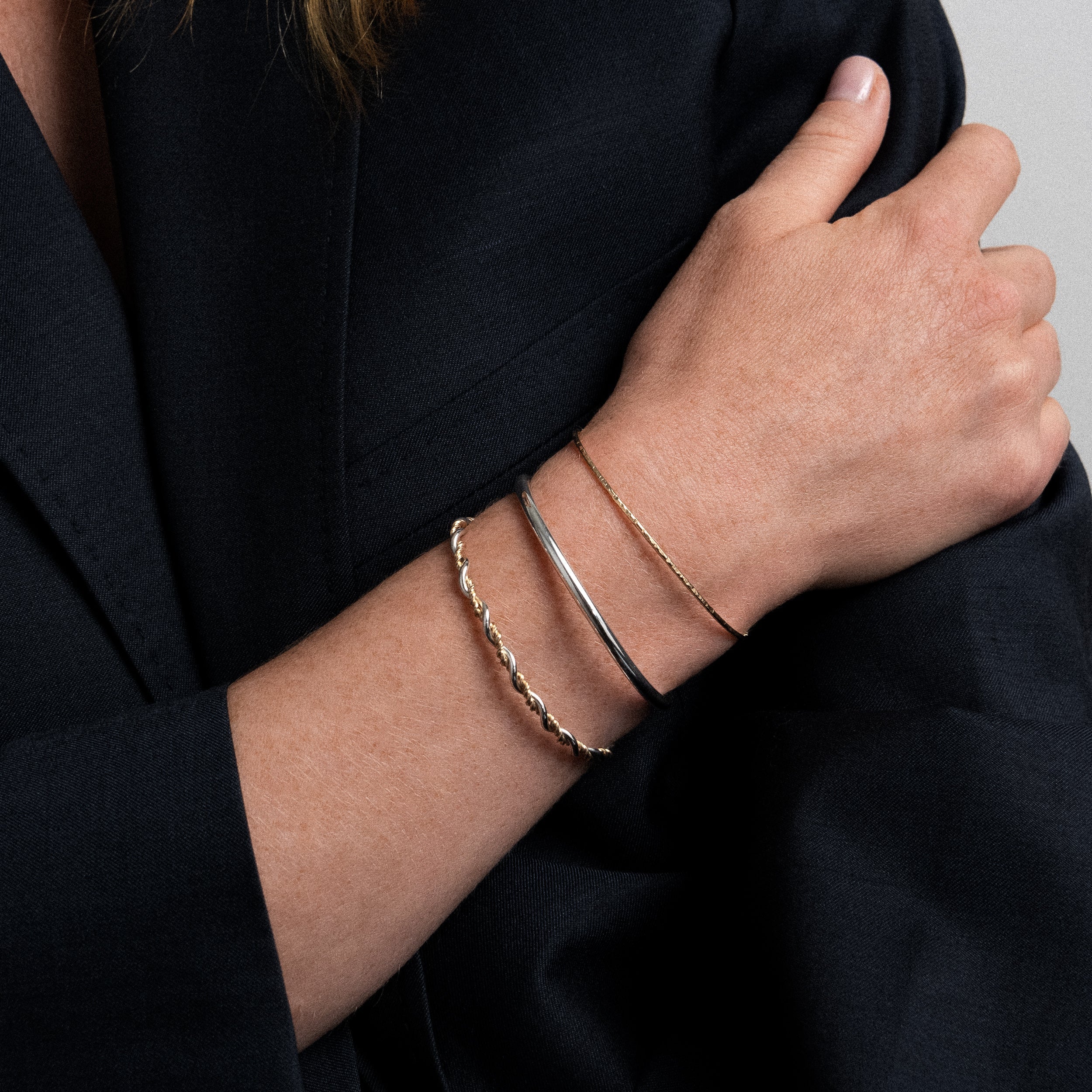 Bramble bangle bracelet yellow gold twisted wire stacking on wrist Atelier Paulin Australia