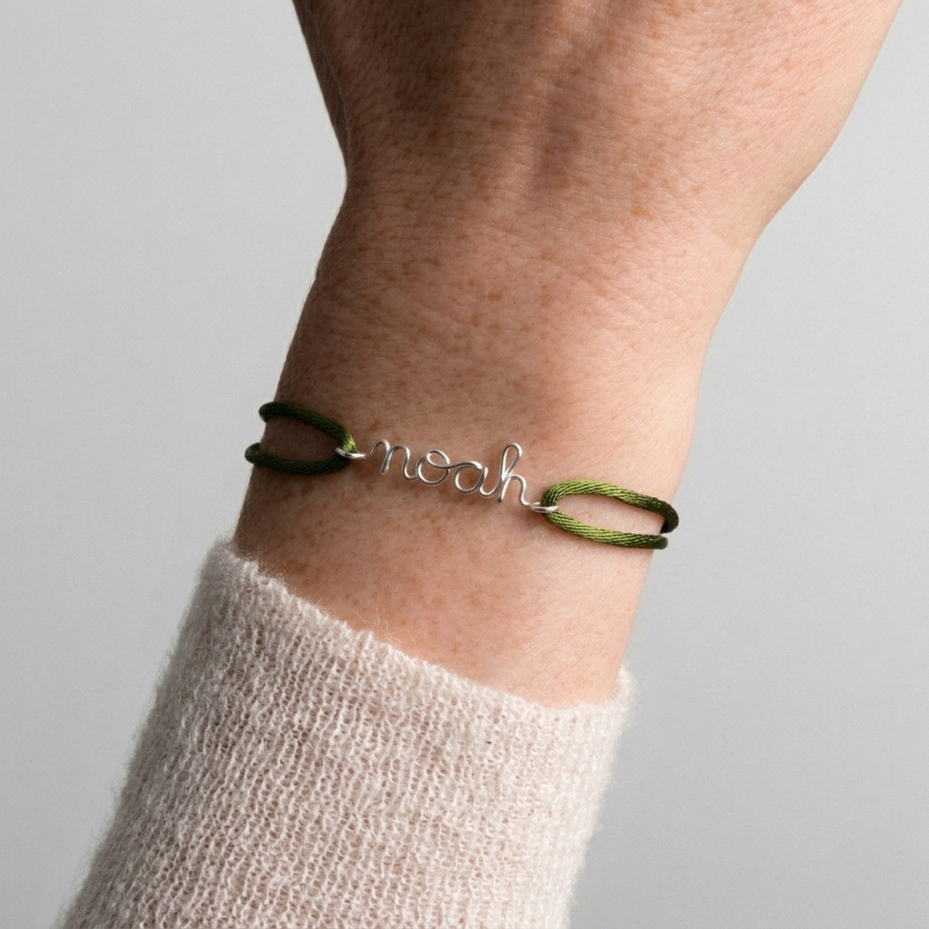 personalised green cord bracelet name worn on wrist silver Atelier Paulin Australia