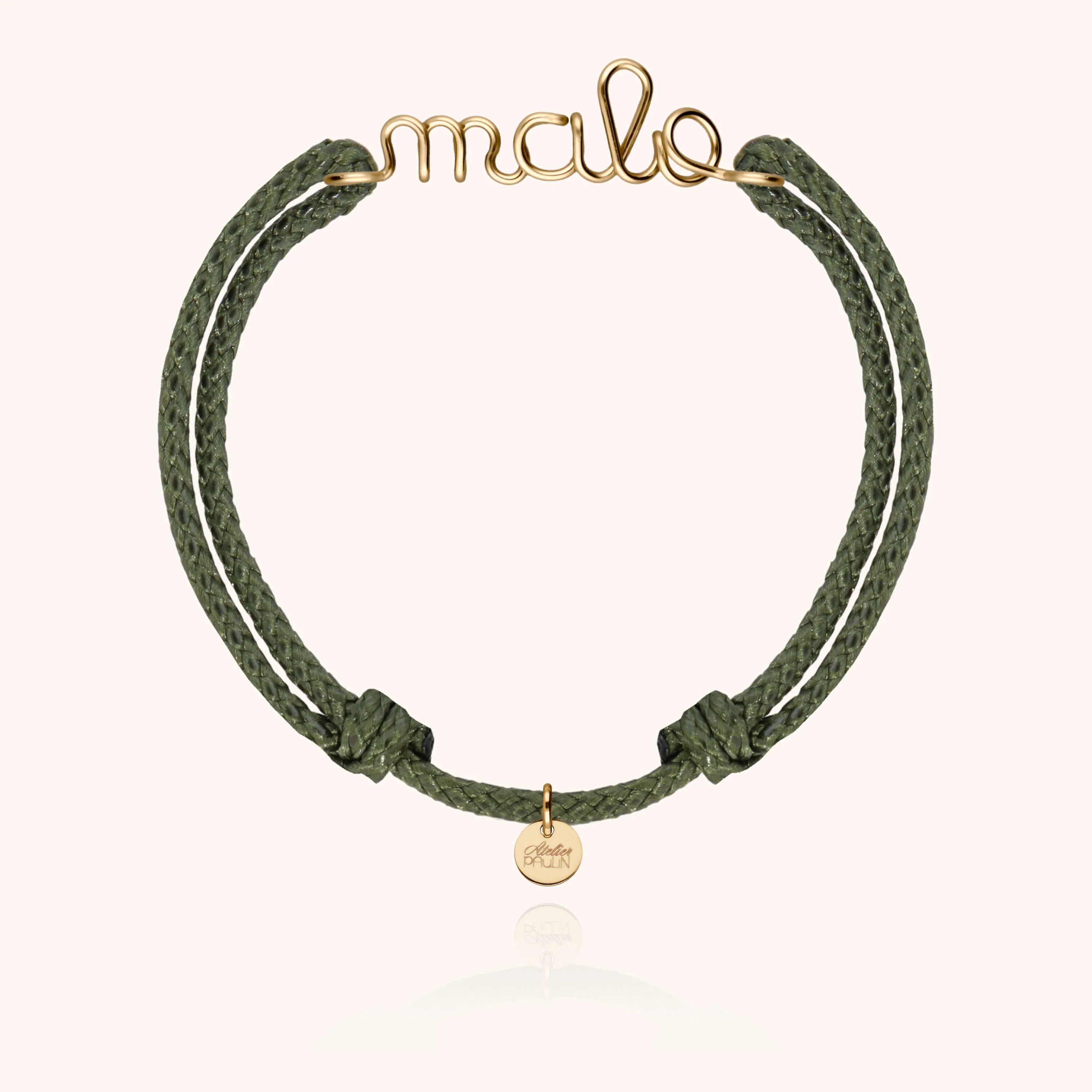 Waxed cord bracelet for men. Personalised gold name jewellery  handcrafted in Paris by Atelier Paulin in 14K yellow gold-filled --colour_khaki