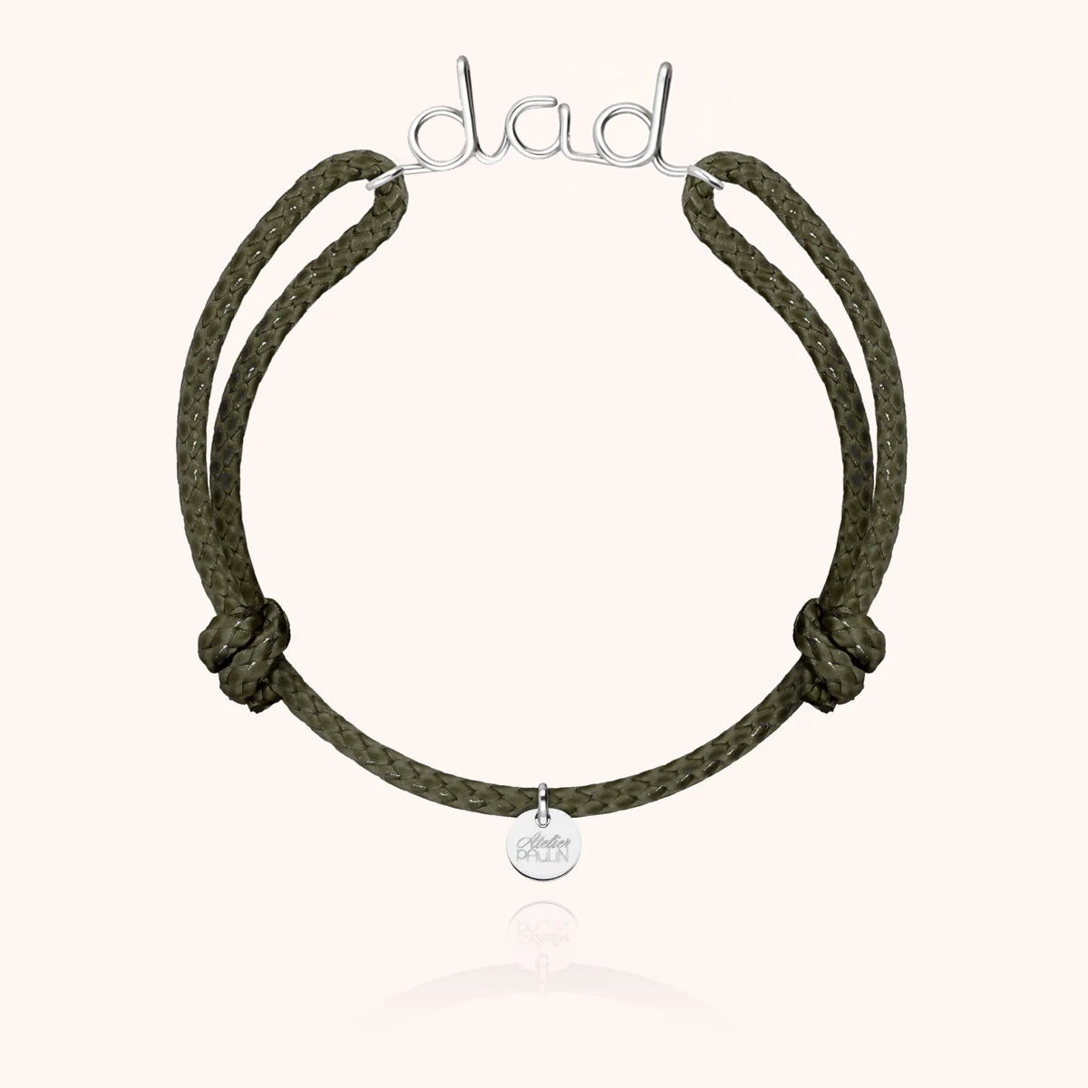 Dad cord bracelet for him. Men's jewellery handcrafted in Paris by Atelier Paulin from sterling silver --colour_khaki